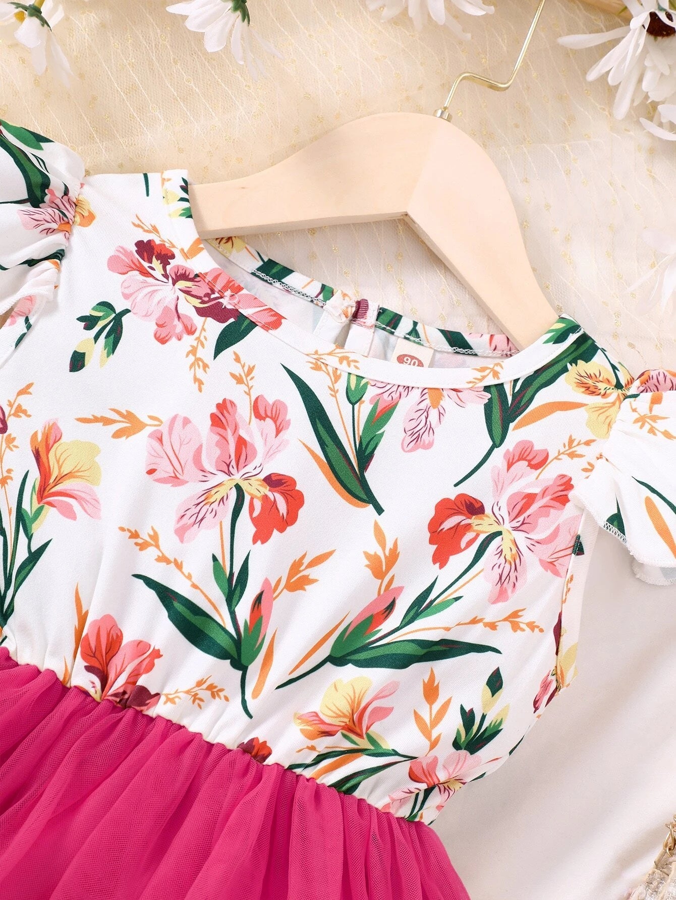 Young Girl Floral Print Contrast Mesh A-Line Dress