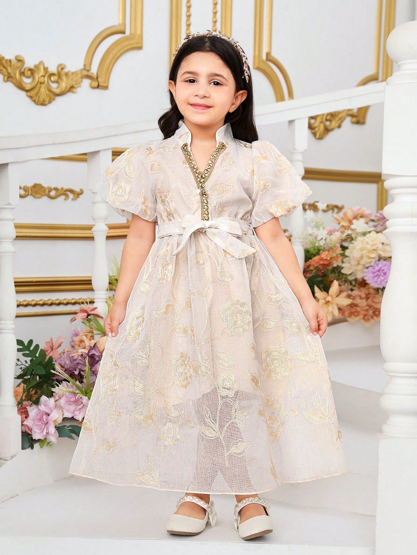 Young Girl'S Elegant Embroidered Lantern Sleeve Long Dress