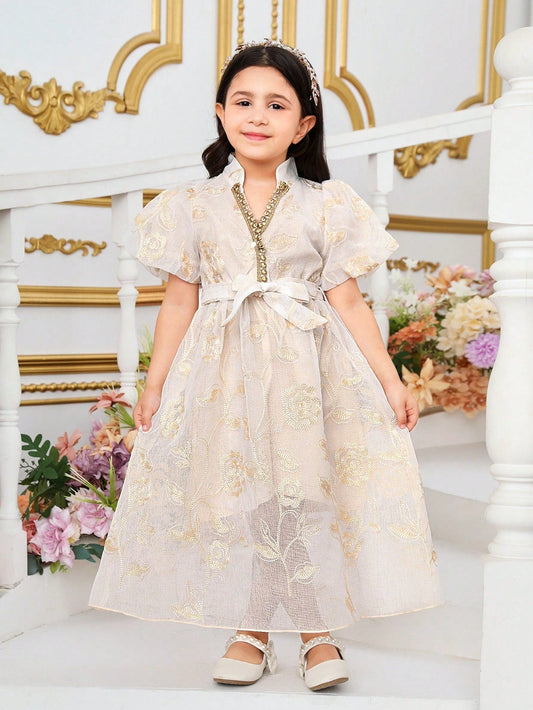 Young Girl'S Elegant Embroidered Lantern Sleeve Long Dress