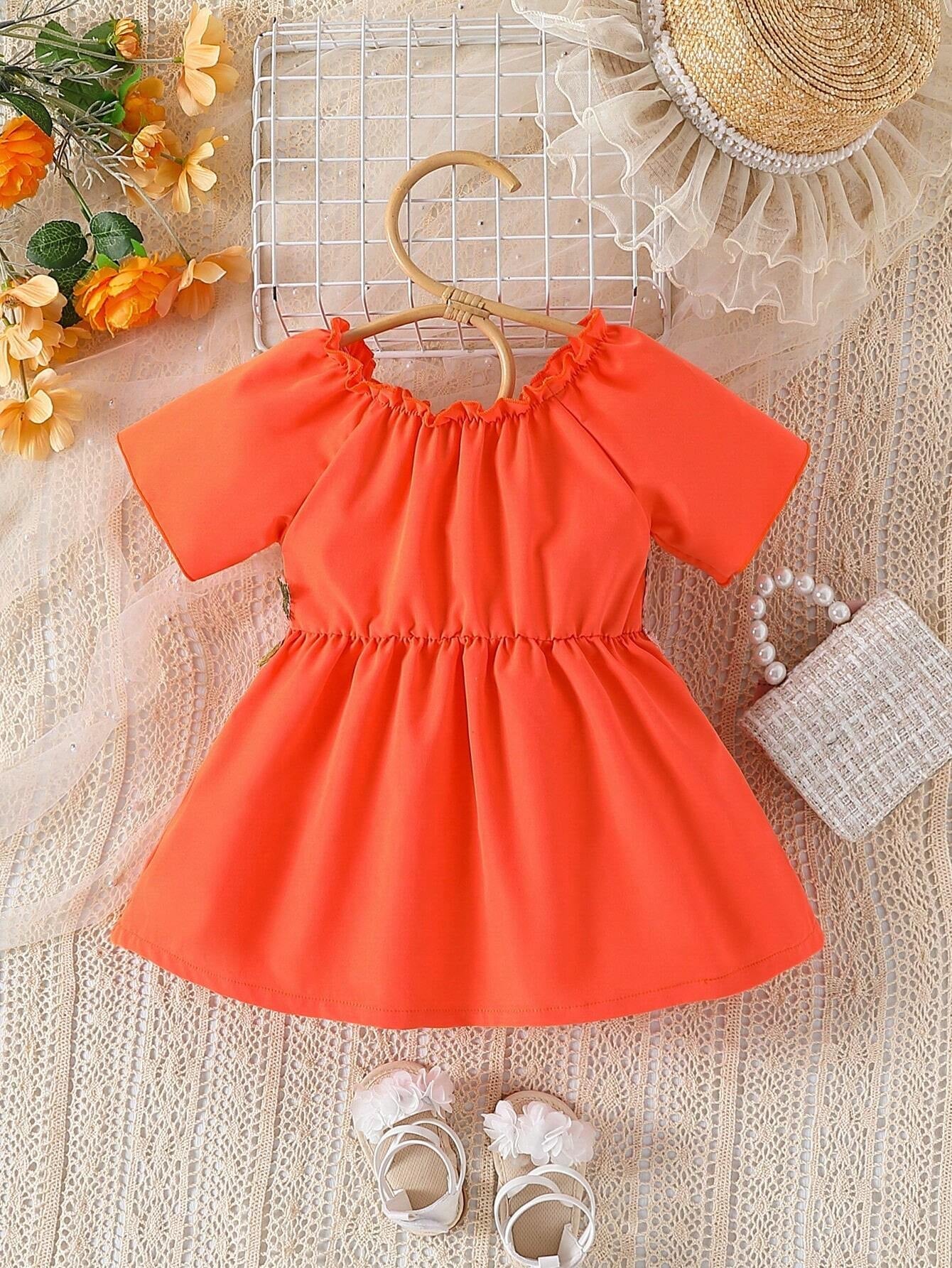 Baby Girl Floral Appliques Frill Trim off Shoulder Dress