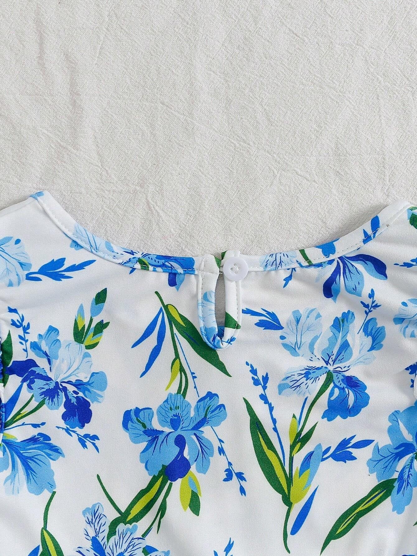 Young Girl Floral Print Contrast Mesh A-Line Dress