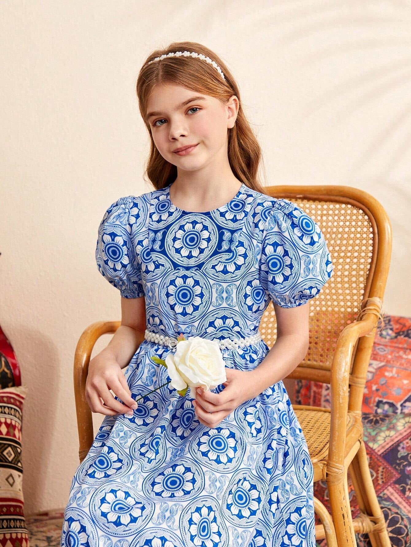 Tween Girls' Gorgeous round Neck Long Floral Patchwork Dress