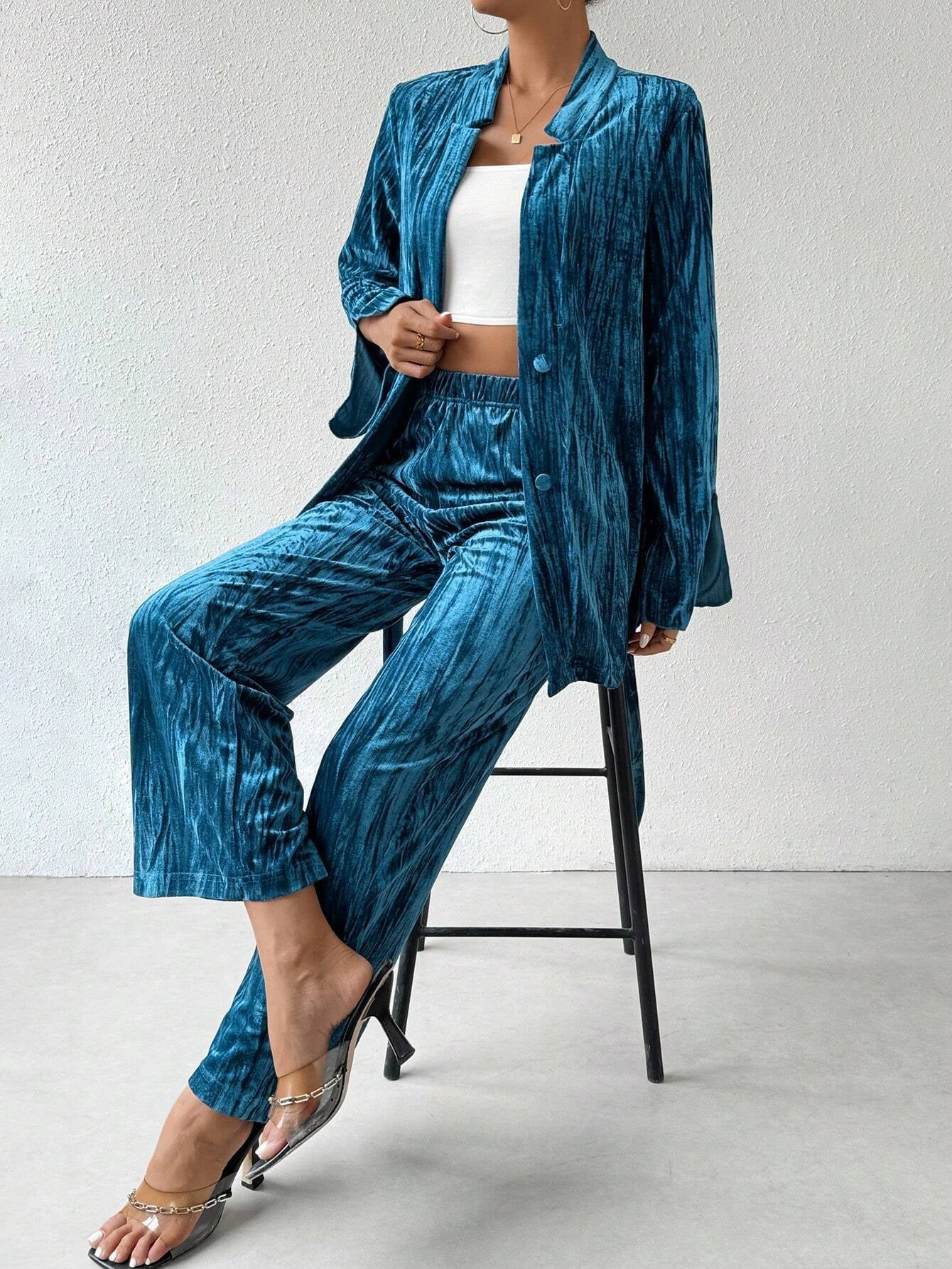 Privé Pleated Velvet Stand Collar Belted Coat and Pants Set