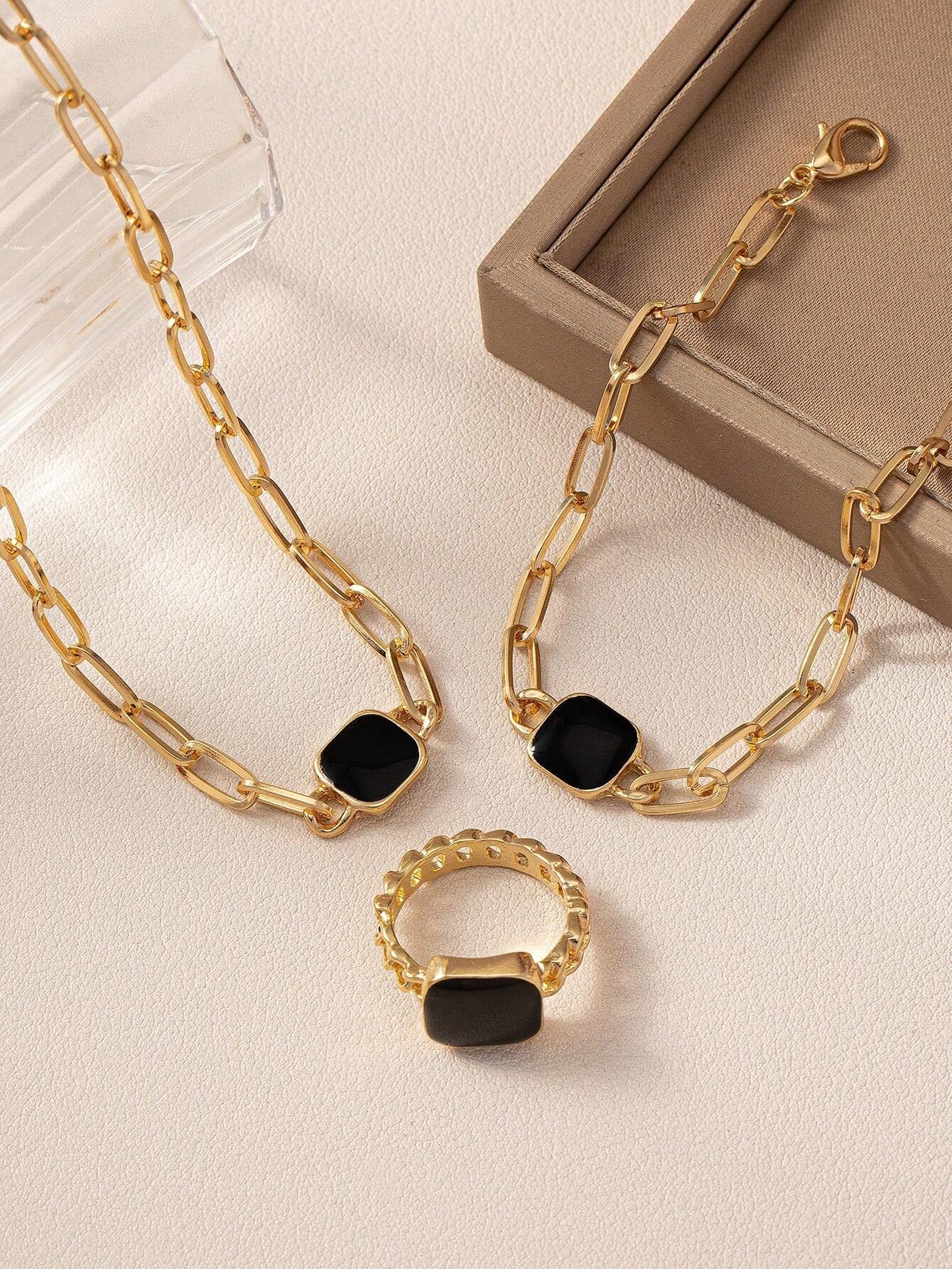 A Set of Black Square Necklaces, Bracelets, Rings, Retro Fashion Sets
