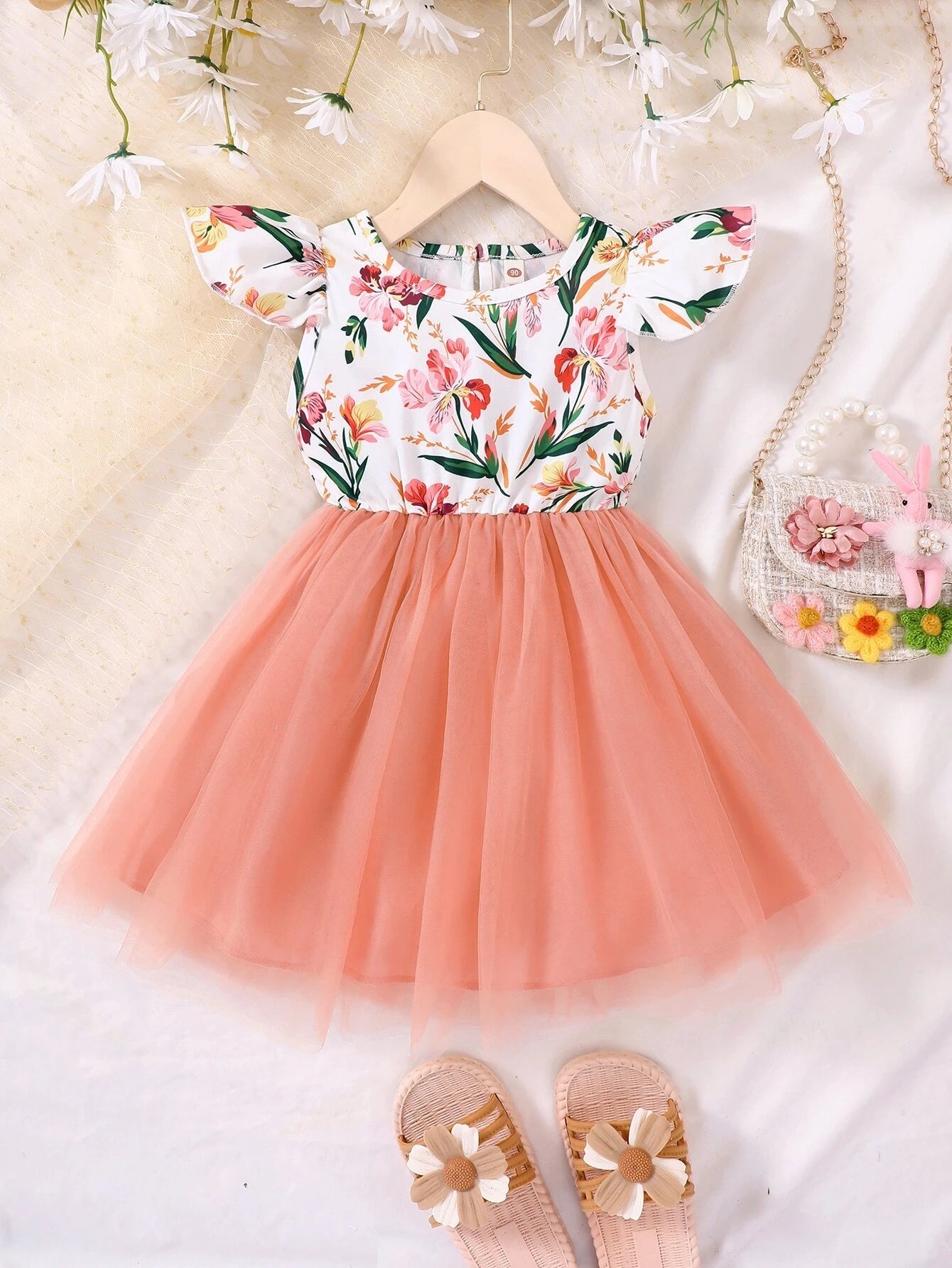 Young Girl Floral Print Contrast Mesh A-Line Dress