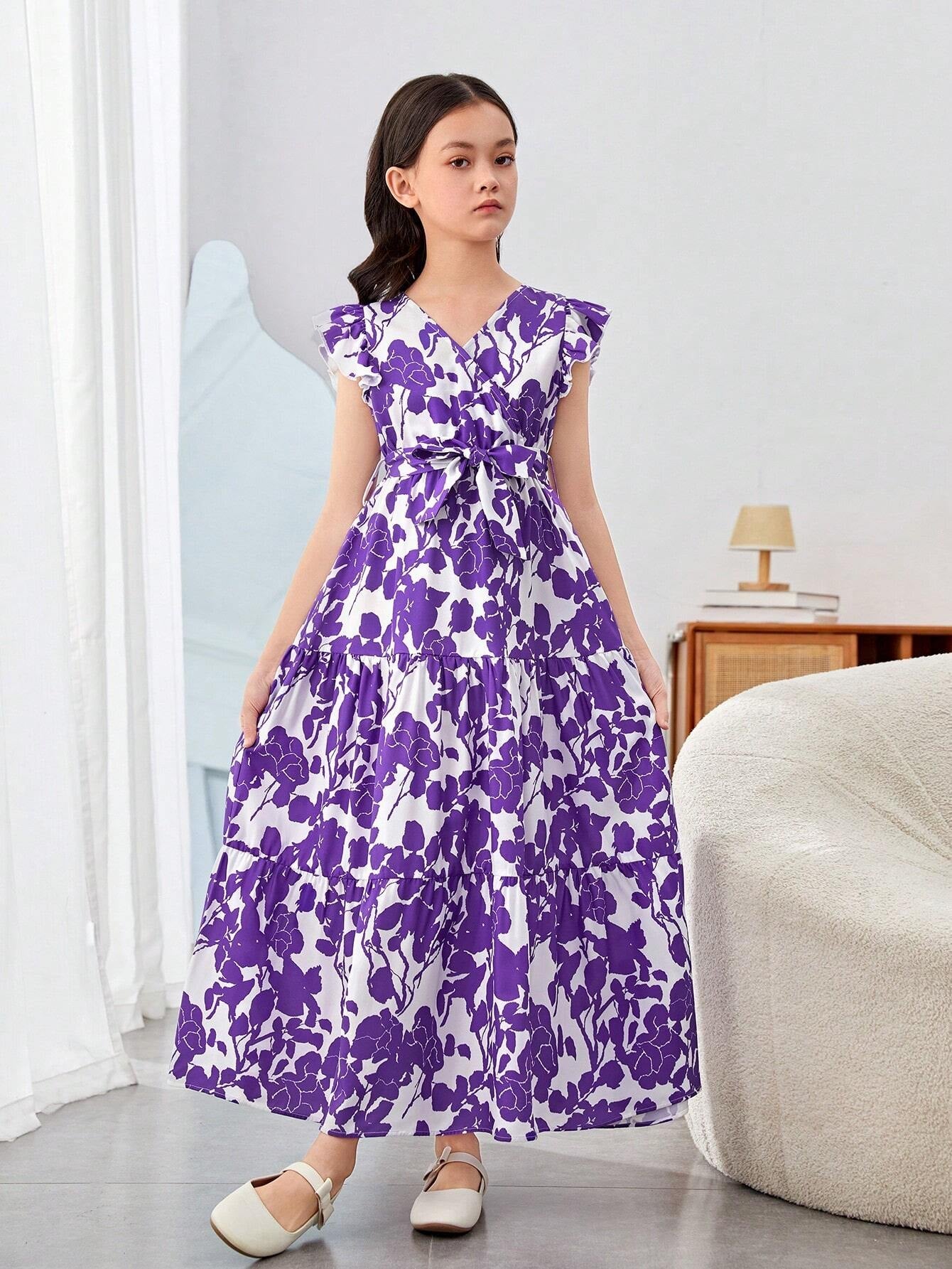 Tween Girls' Elegant Cross V-Neckline Floral Printed Dress with Ruffle Sleeves, Pleated and Tie for Summer