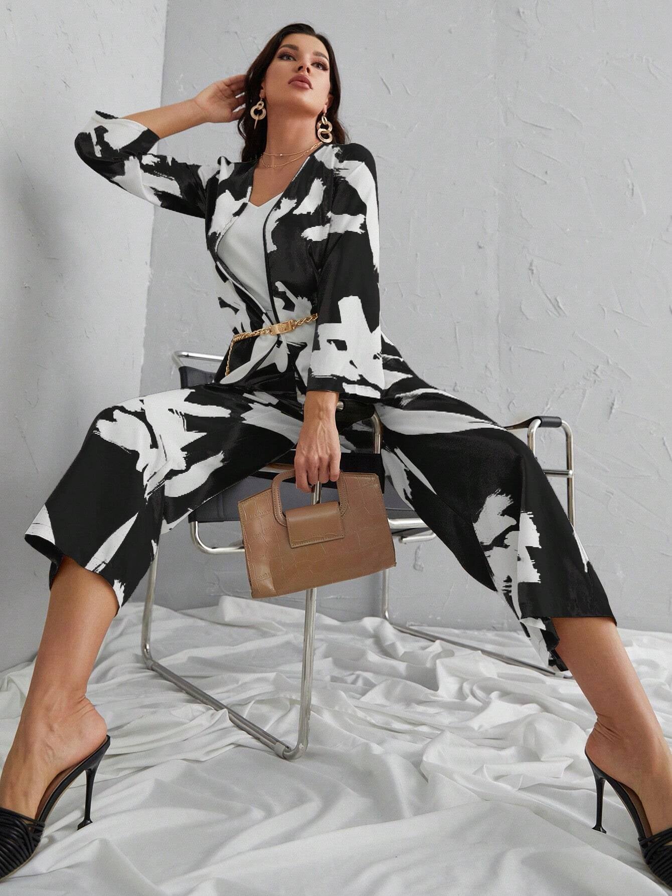 Mulvari Women'S Printed Open-Front Shirt and Nine Points Pants Two-Piece Set