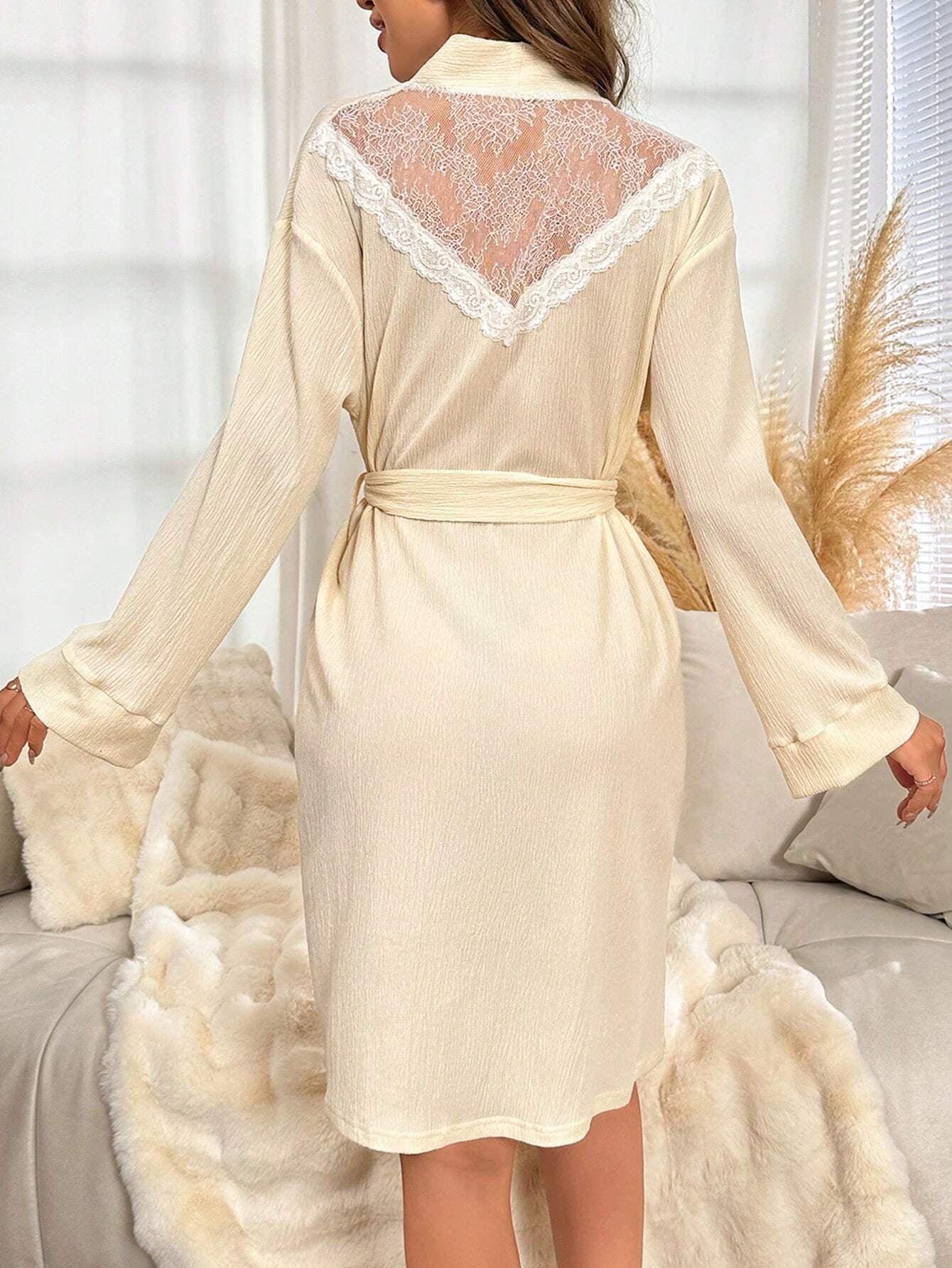 Contrast Lace Belted Robe