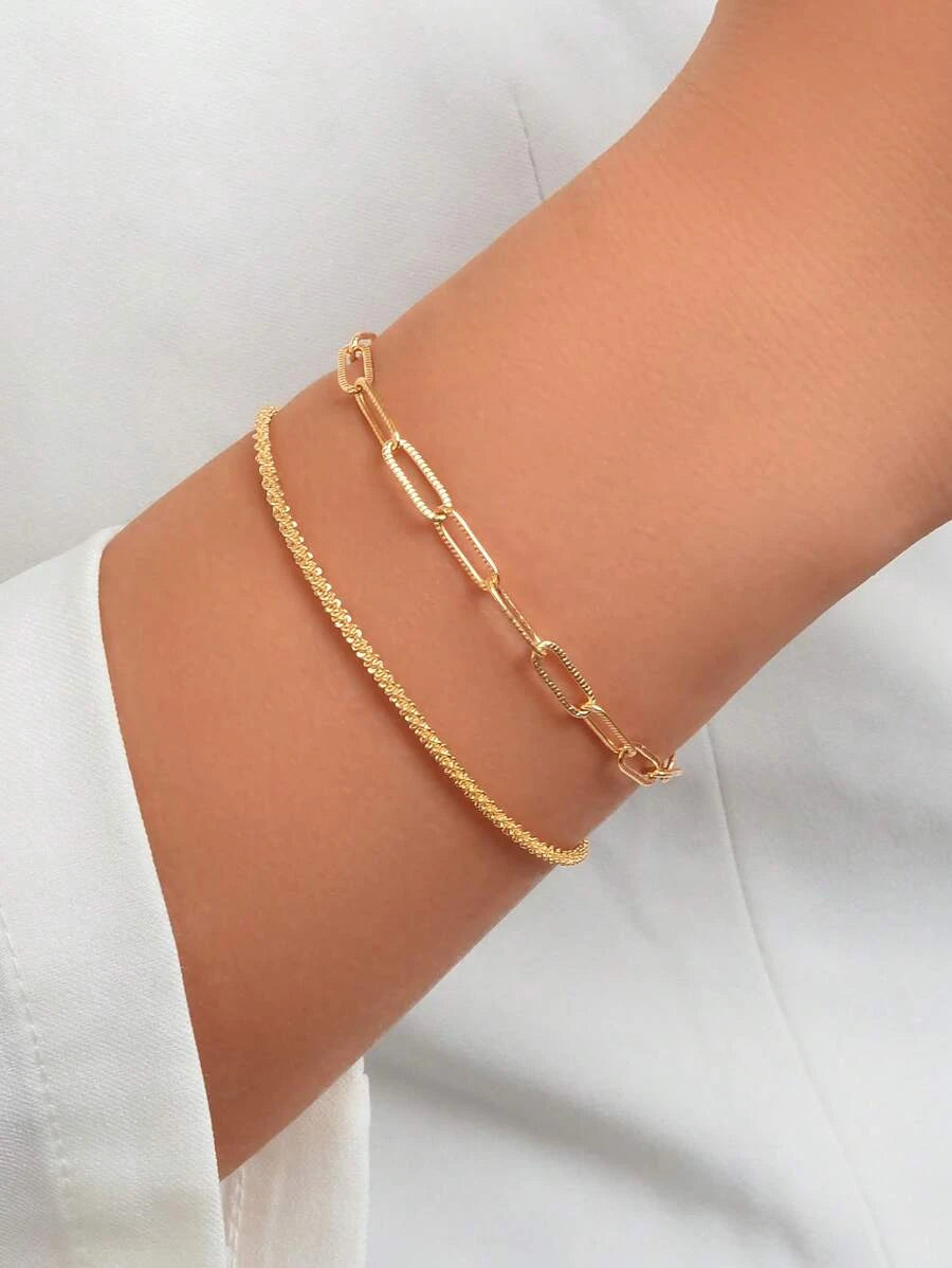 SHEIN مجموعة سوار 2 قطعة سلسة باللون الذهبي