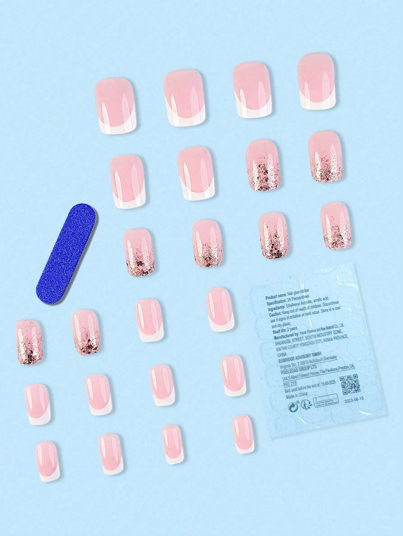 Upgrade Your Appearance: 24Pcs/Set Short Oval Shaped Ice-Clear & Pink & White Ombre False Nails, Suitable for Party, Dance & Daily Style Wear