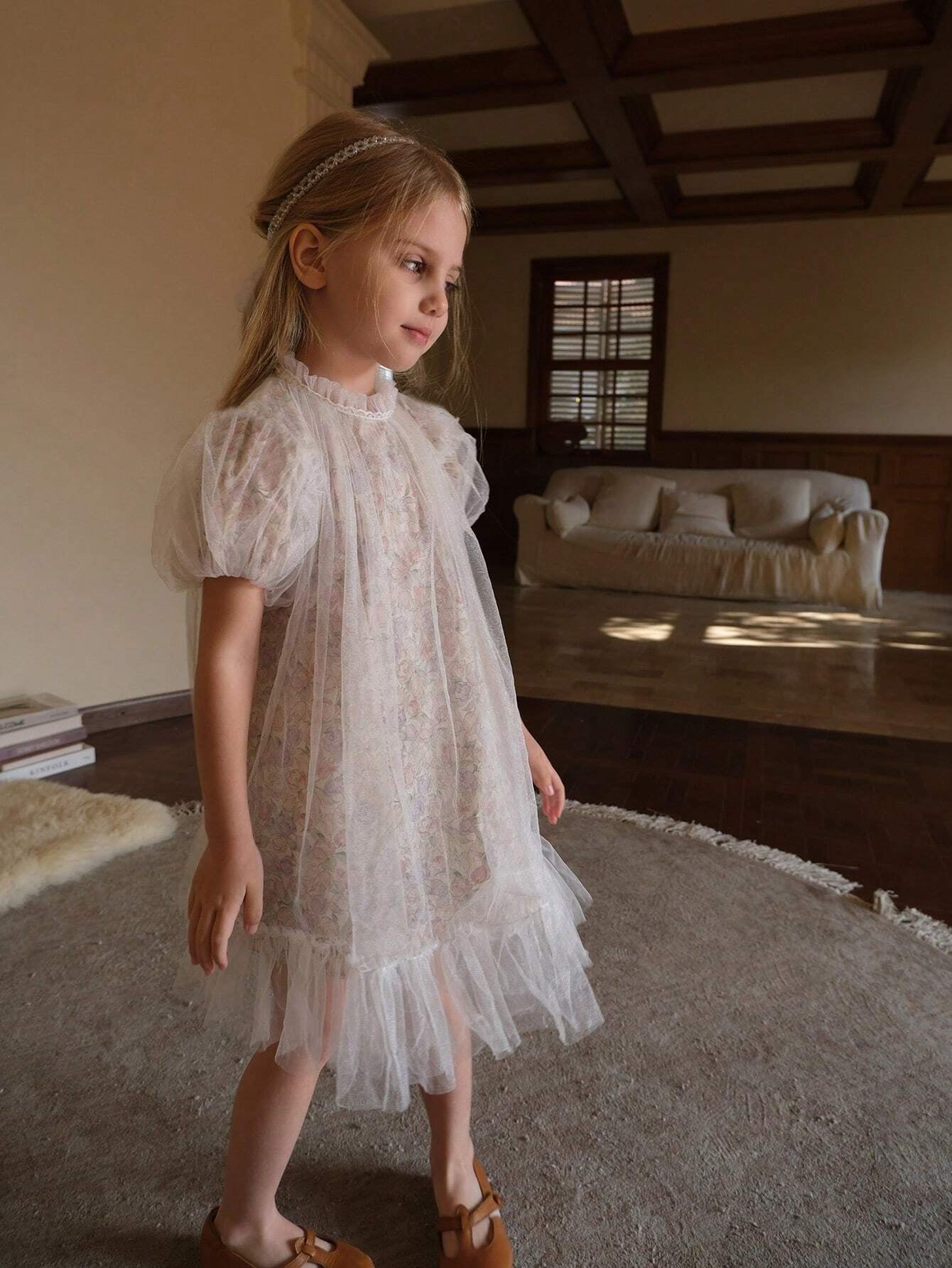 Young Girls' Vintage Floral Patchwork Mesh Bubble Sleeve Dress with Print, Casual Style