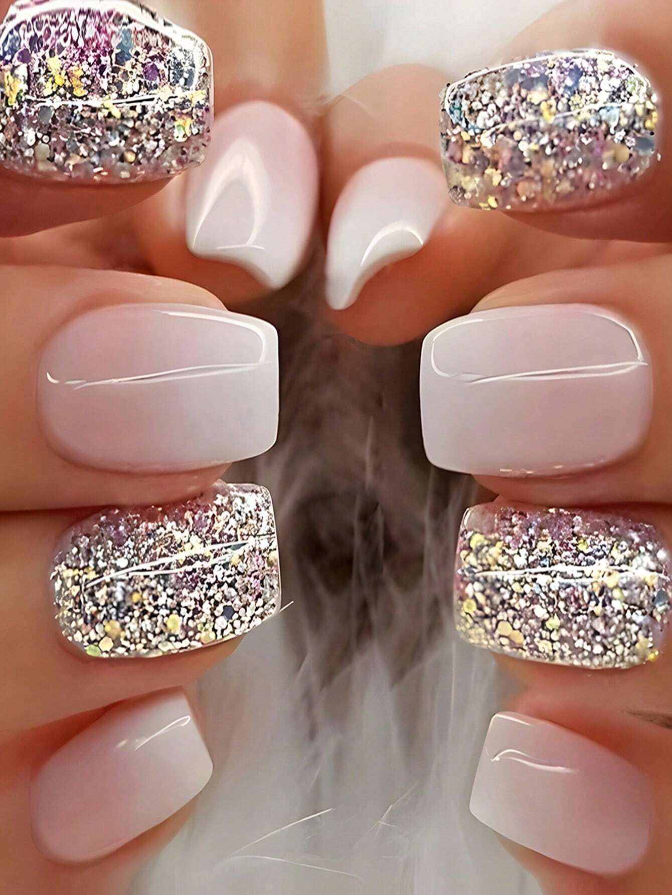 Upgrade Your Appearance: 24Pcs/Set Short Oval Shaped Ice-Clear & Pink & White Ombre False Nails, Suitable for Party, Dance & Daily Style Wear