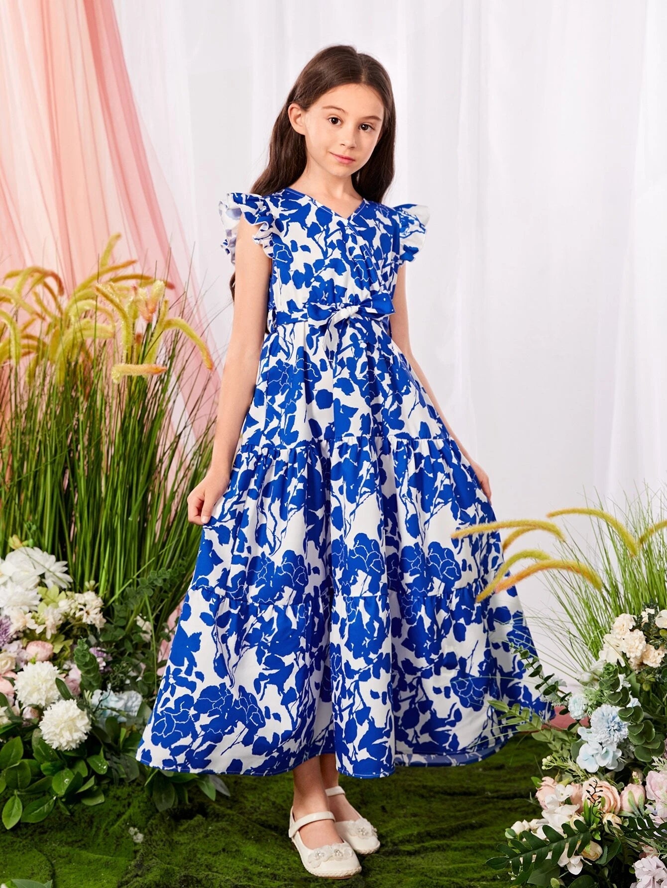 Tween Girls' Elegant Cross V-Neckline Floral Printed Dress with Ruffle Sleeves, Pleated and Tie for Summer