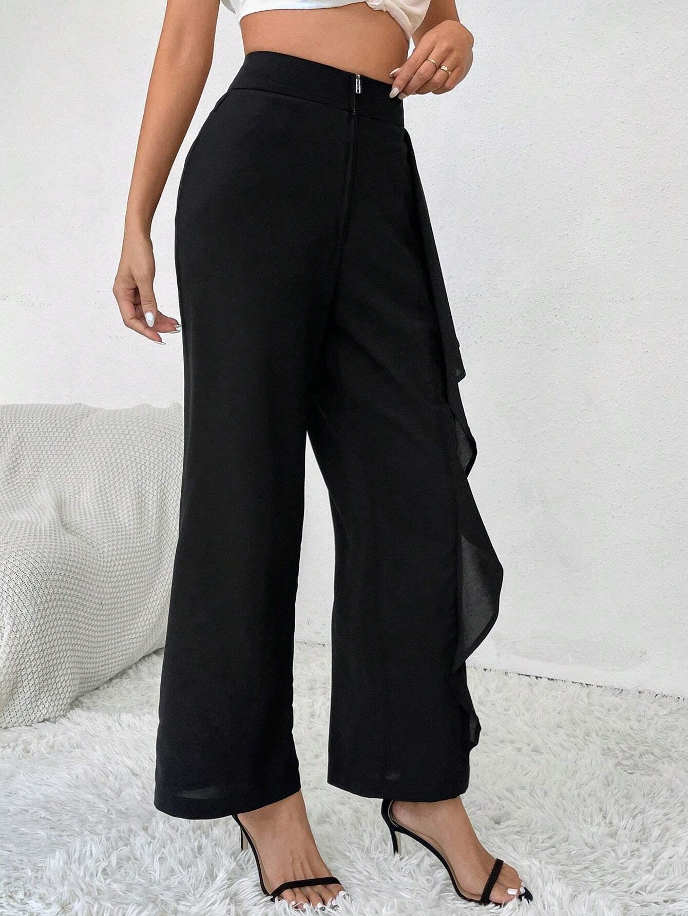 Privé Women'S Ruffle Hem Patchwork Straight Leg Pants