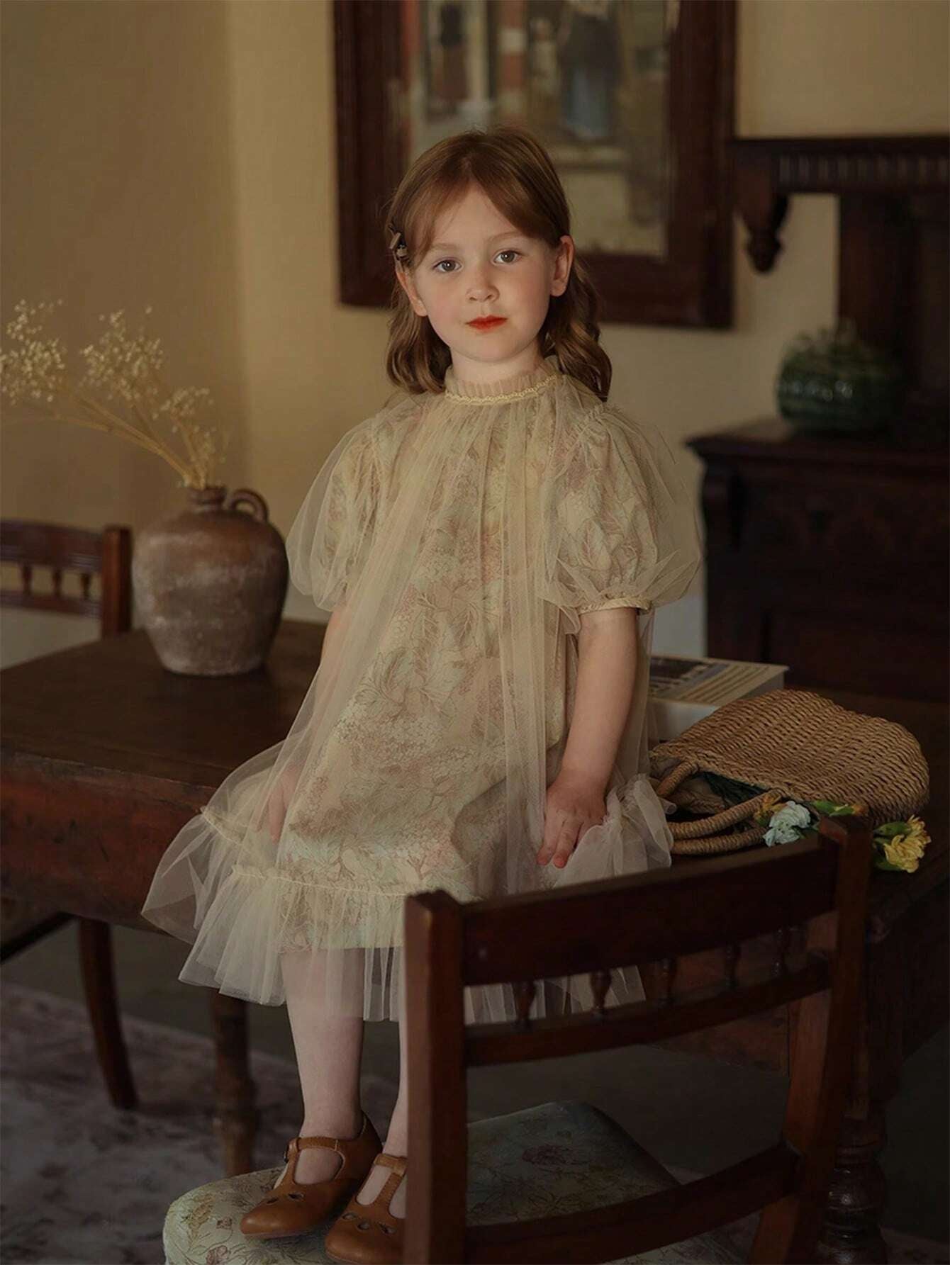 Young Girls' Vintage Floral Patchwork Mesh Bubble Sleeve Dress with Print, Casual Style