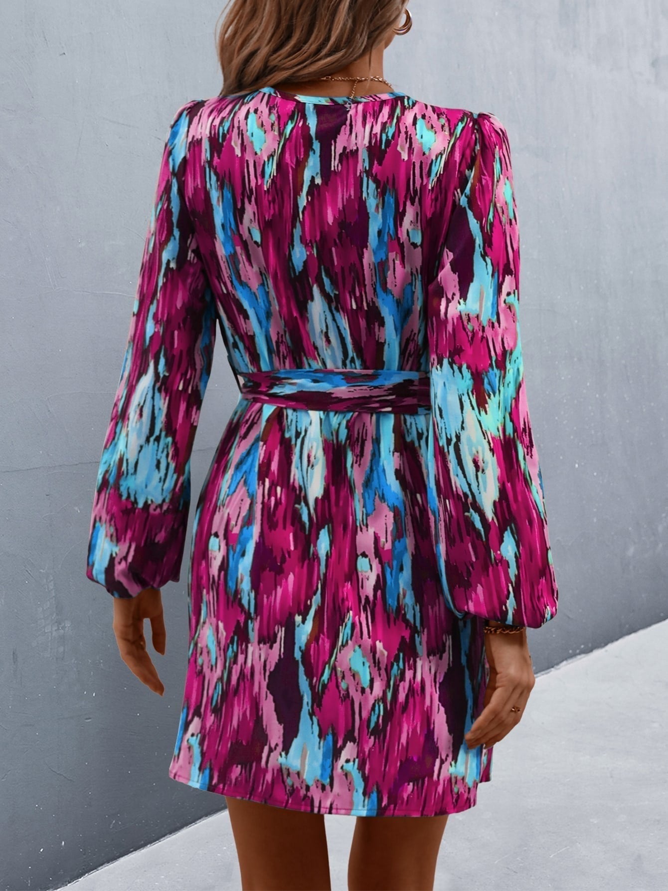 SHEIN LUNE فستان بحافة مطوي طباعة شامل أكمام فانوس