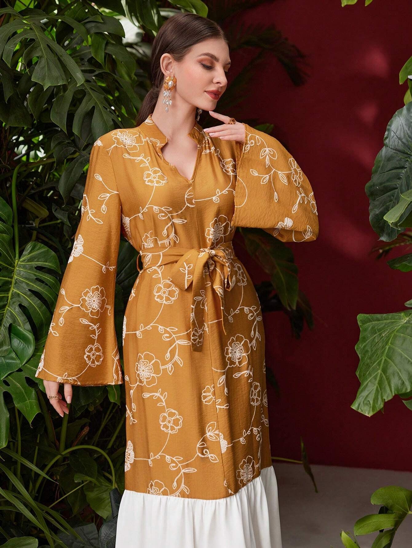 Mulvari Women'S Floral & Stripe Print Bell Sleeves Dress