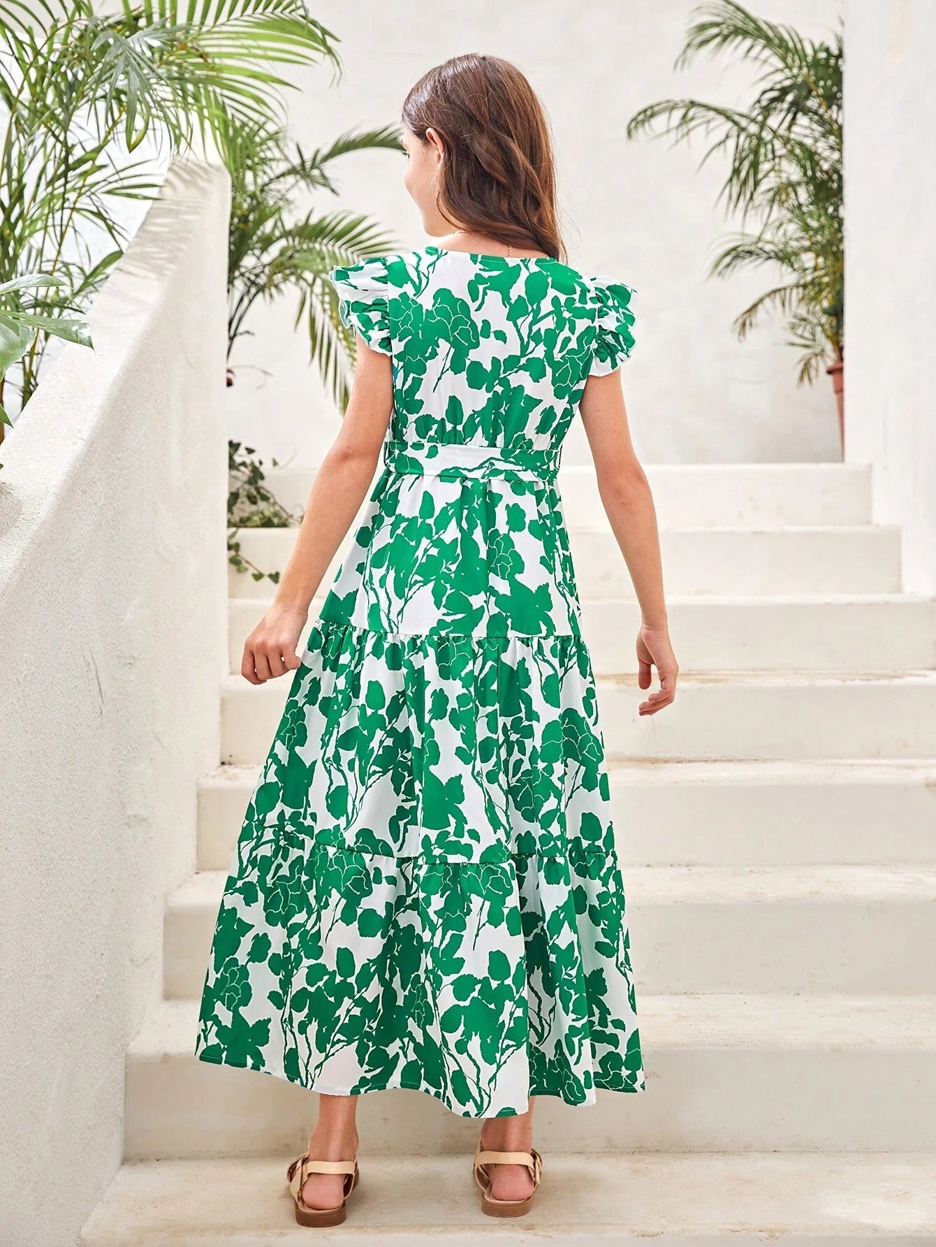 Tween Girls' Elegant Cross V-Neckline Floral Printed Dress with Ruffle Sleeves, Pleated and Tie for Summer