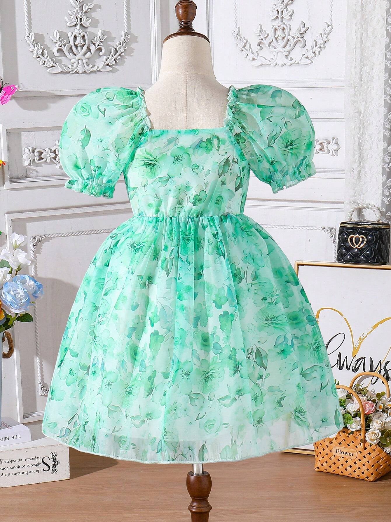 Young Girls' Summer Flower Print Dress, Purple Floral Princess Dress with Puff Sleeves