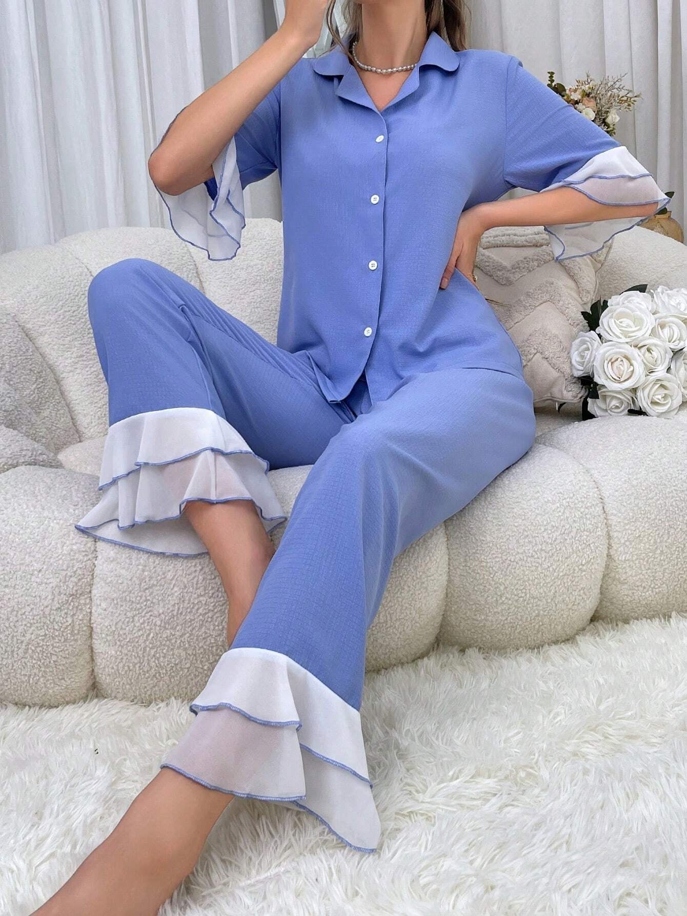 Women'S Two-Piece Sleepwear Set with Color Block Flounce Sleeve Top and Flare Pants