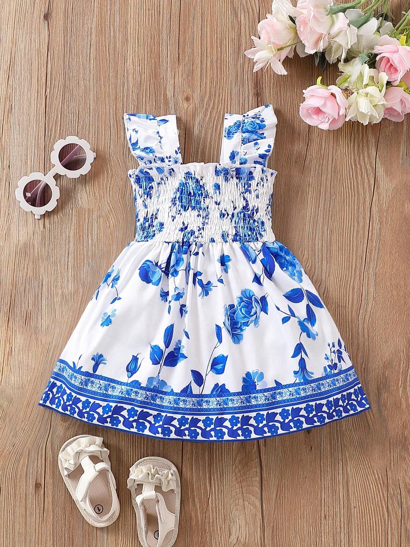 Baby Girls' Blue Porcelain Pattern Dress