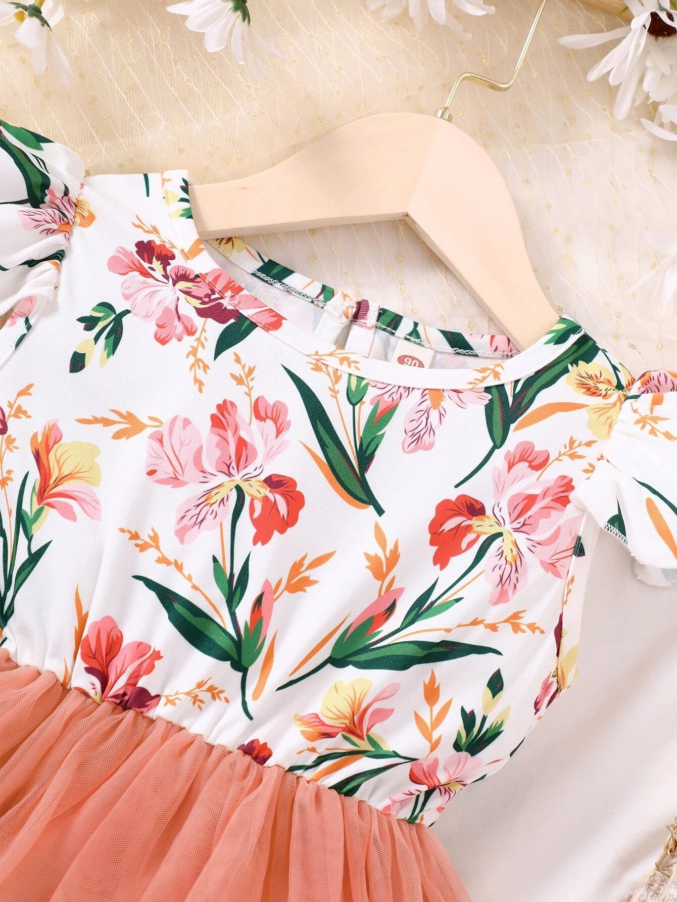 Young Girl Floral Print Contrast Mesh A-Line Dress