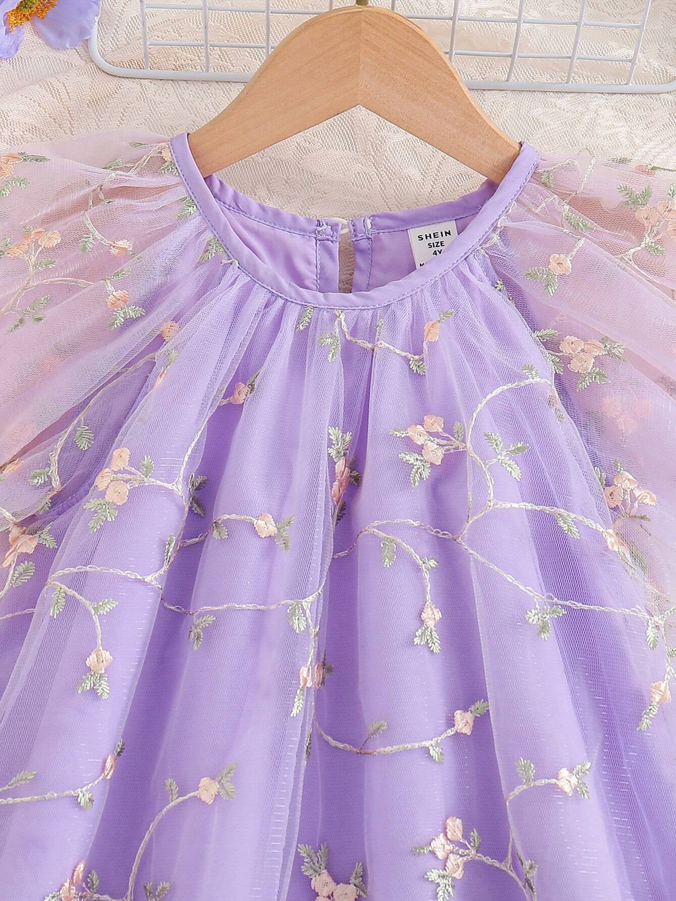 Young Girls' Mesh Embroidery Dress with Ruffle Hem