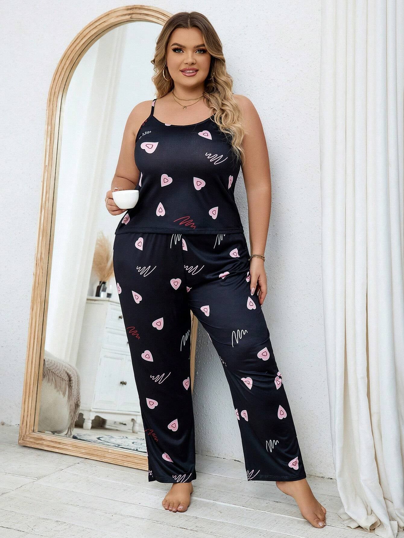 Plus Size Women'S Pink Heart Shaped Cami Set