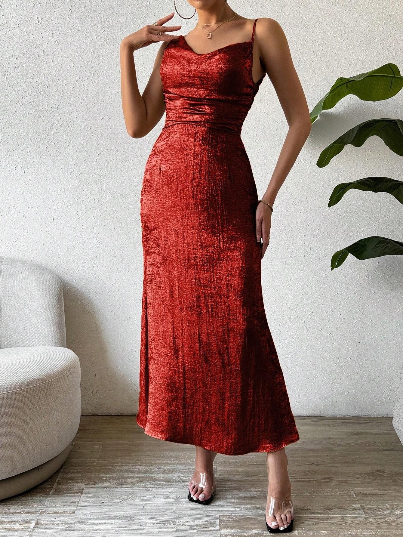 Privé Glossy Sleeveless Asymmetric Neckline Side Slit Dress