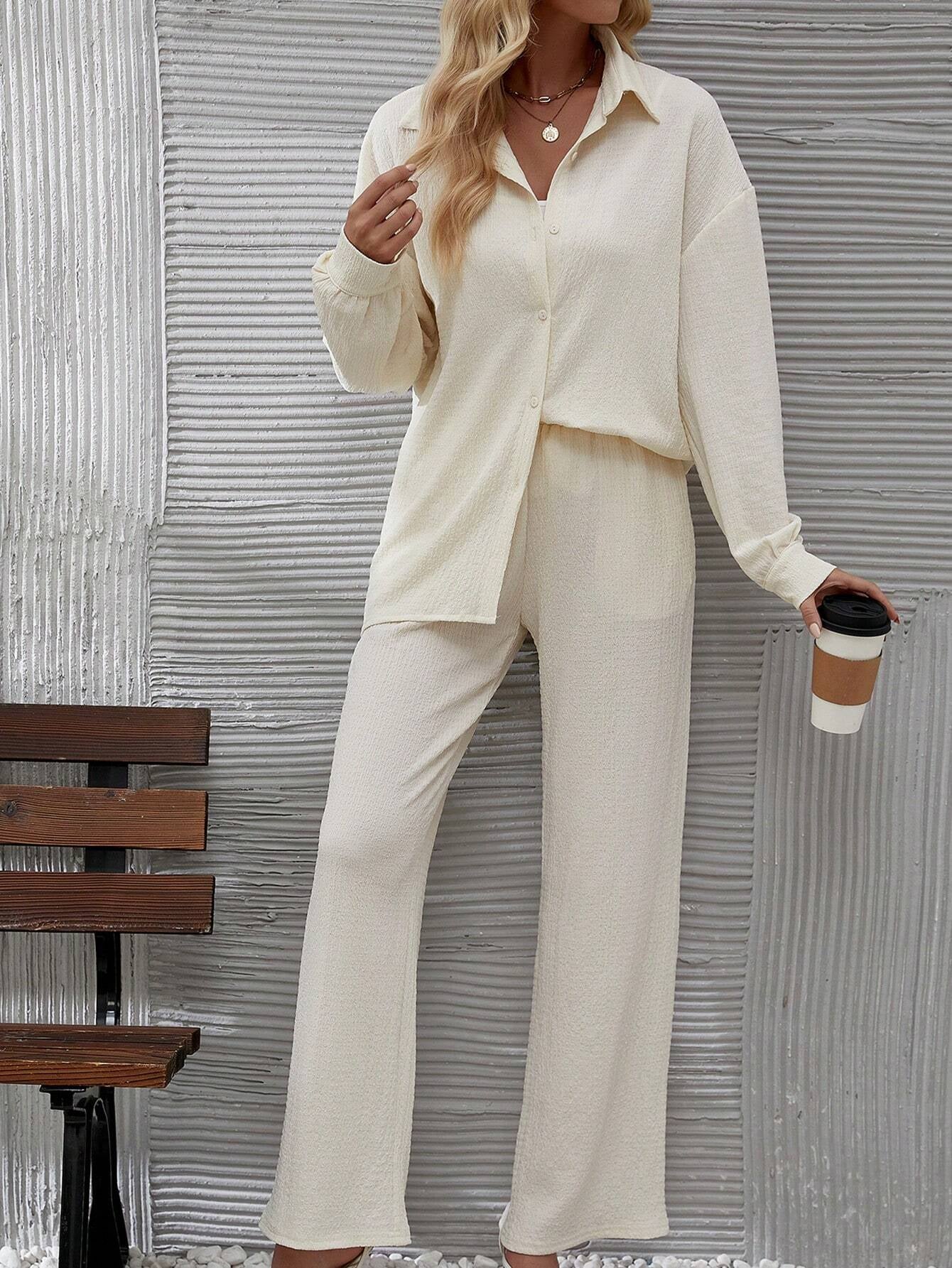 Women'S Solid Color Shirt and Pants Suit