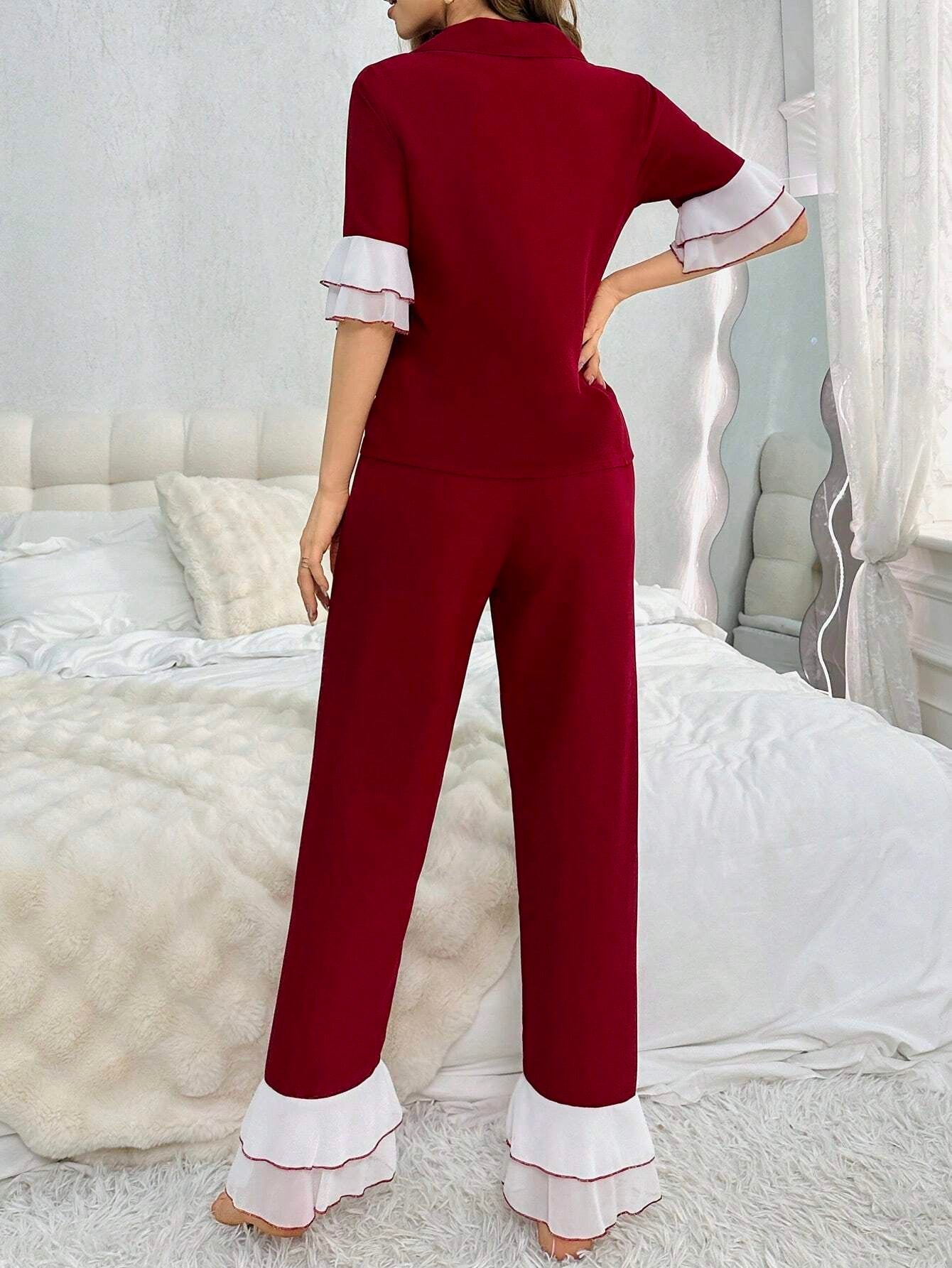 Women'S Two-Piece Sleepwear Set with Color Block Flounce Sleeve Top and Flare Pants