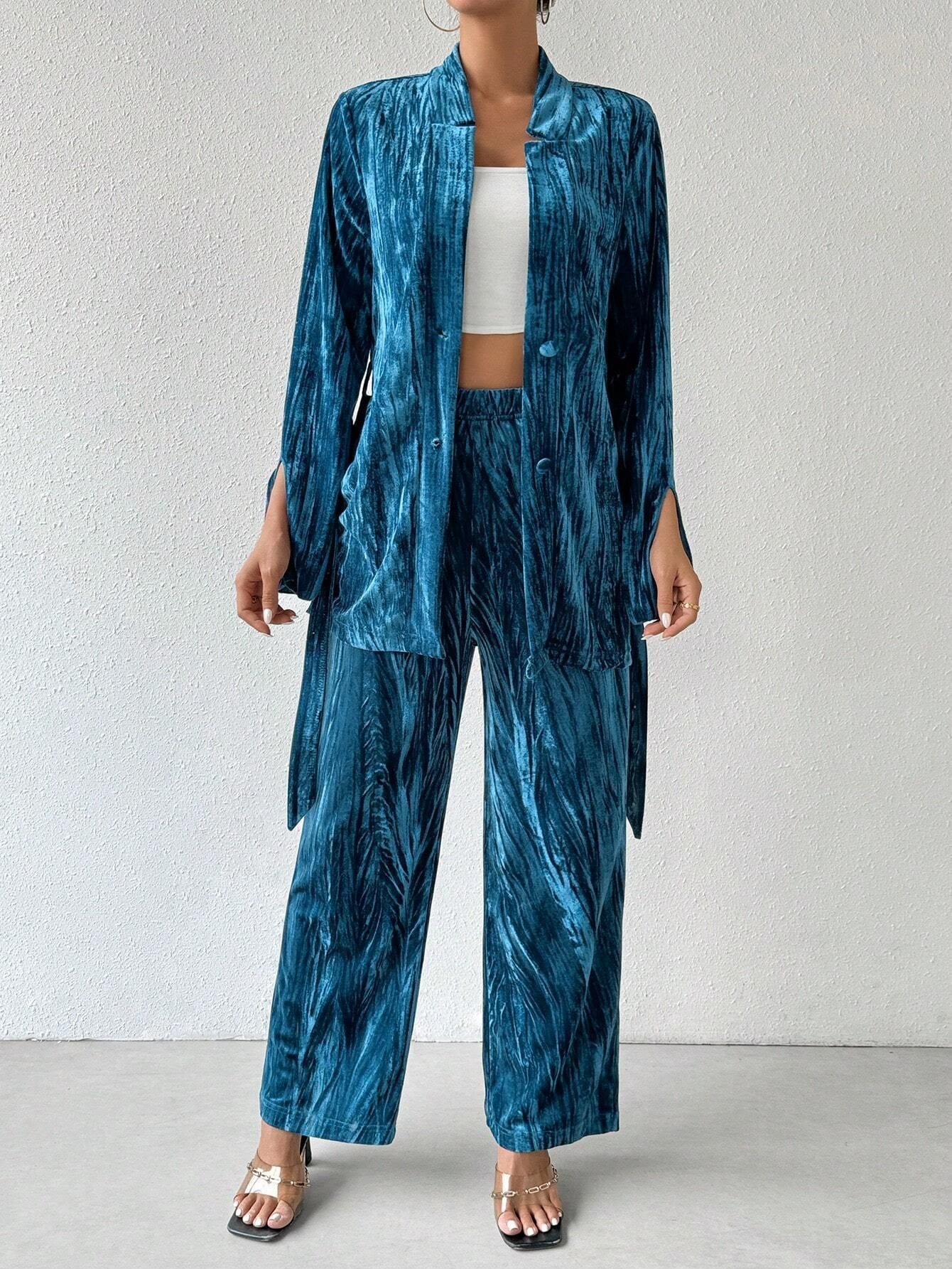 Privé Pleated Velvet Stand Collar Belted Coat and Pants Set