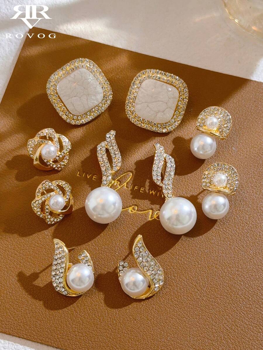 SHEIN طقم 5 أزواج أقراط لؤلؤ وأنماط متعددة