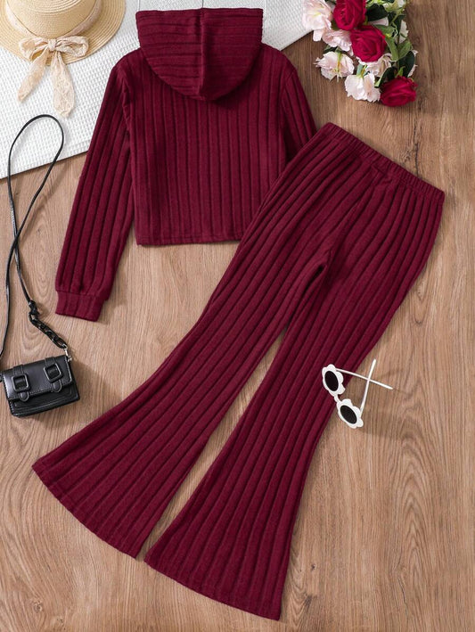 SHEIN مجموعة بيجاما مراهقة بناتية مكونة من جاكيت هودي بأكمام طويلة باللون الصلب وبنطلون بأسفل مزين بجرس لفصلي الربيع/الخريف