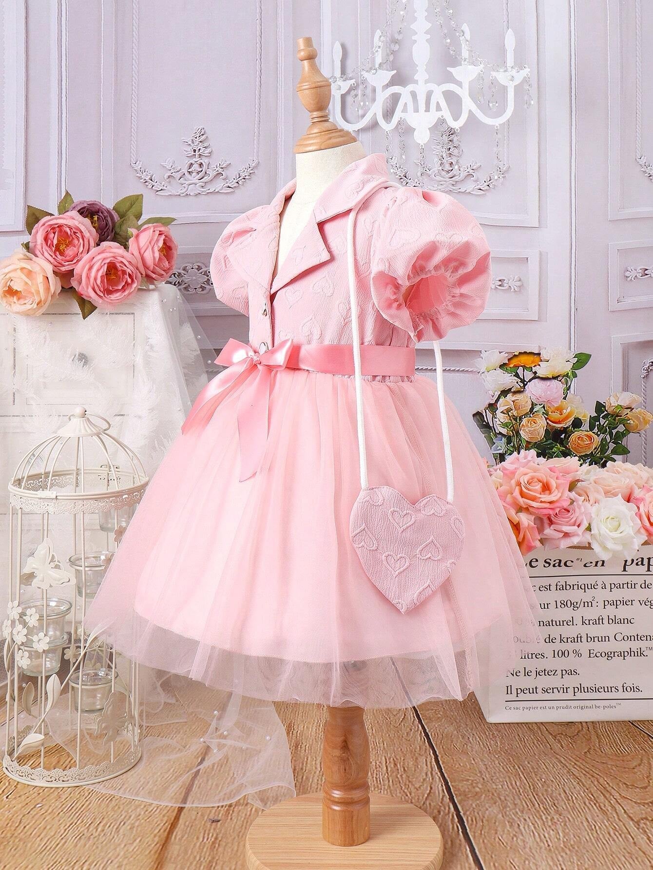 Little Girls' Princess Style Casual Fashionable Elegant Heart Shaped Bag Mesh Dress