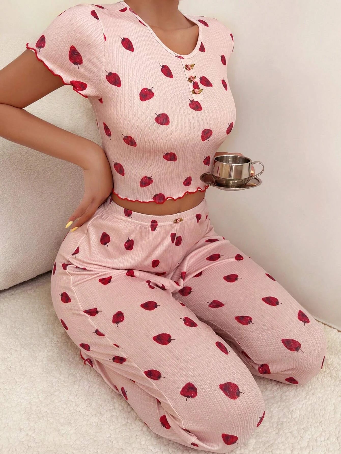 Strawberry Print Lettuce Trim PJ Set