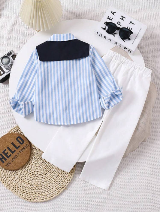 SHEIN طقم قميص وبنطال بأكمام طويلة بأسلوب جنتلمان للشباب الصغار مع وشاح مكمل