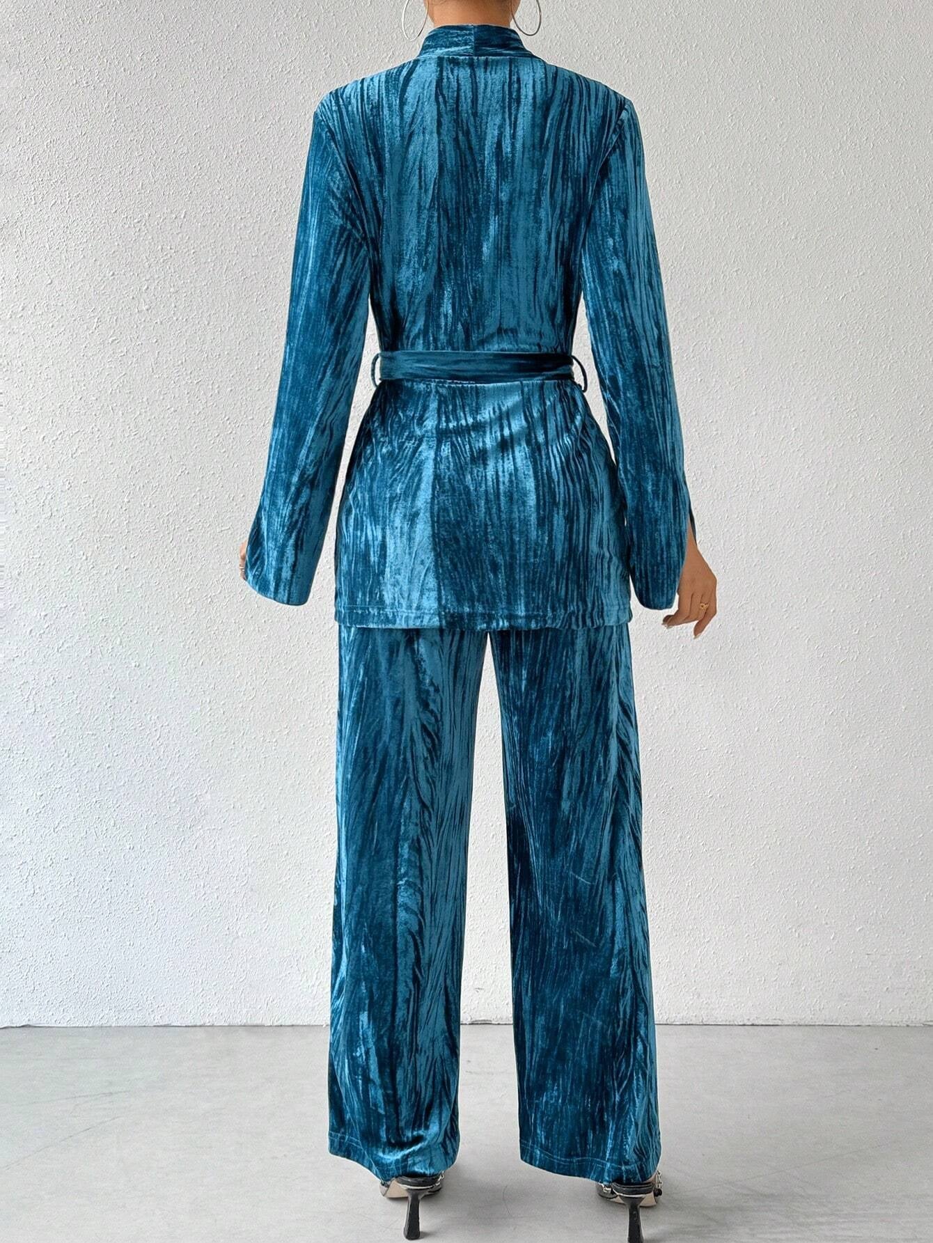 Privé Pleated Velvet Stand Collar Belted Coat and Pants Set