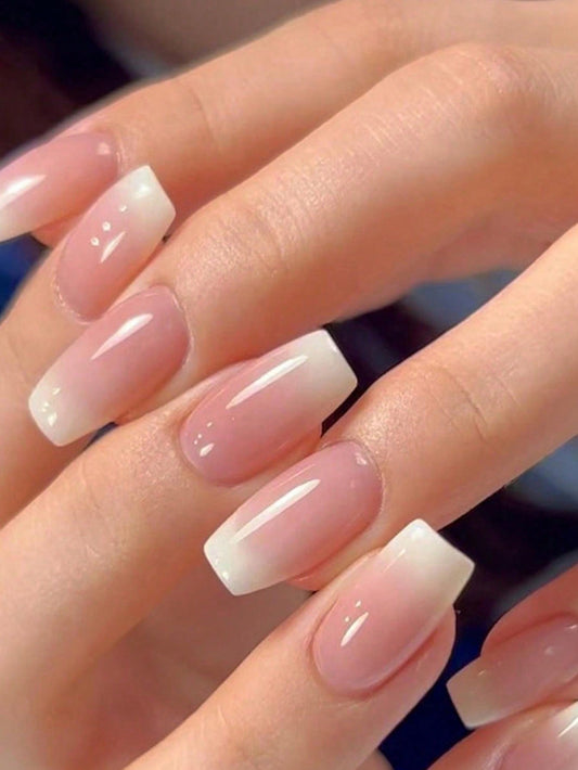 Upgrade Your Look with 24Pcs Short Coffin Shape Simple Pink & White Gradient Jelly Gel Press on Nails, Suitable for Women and Girls