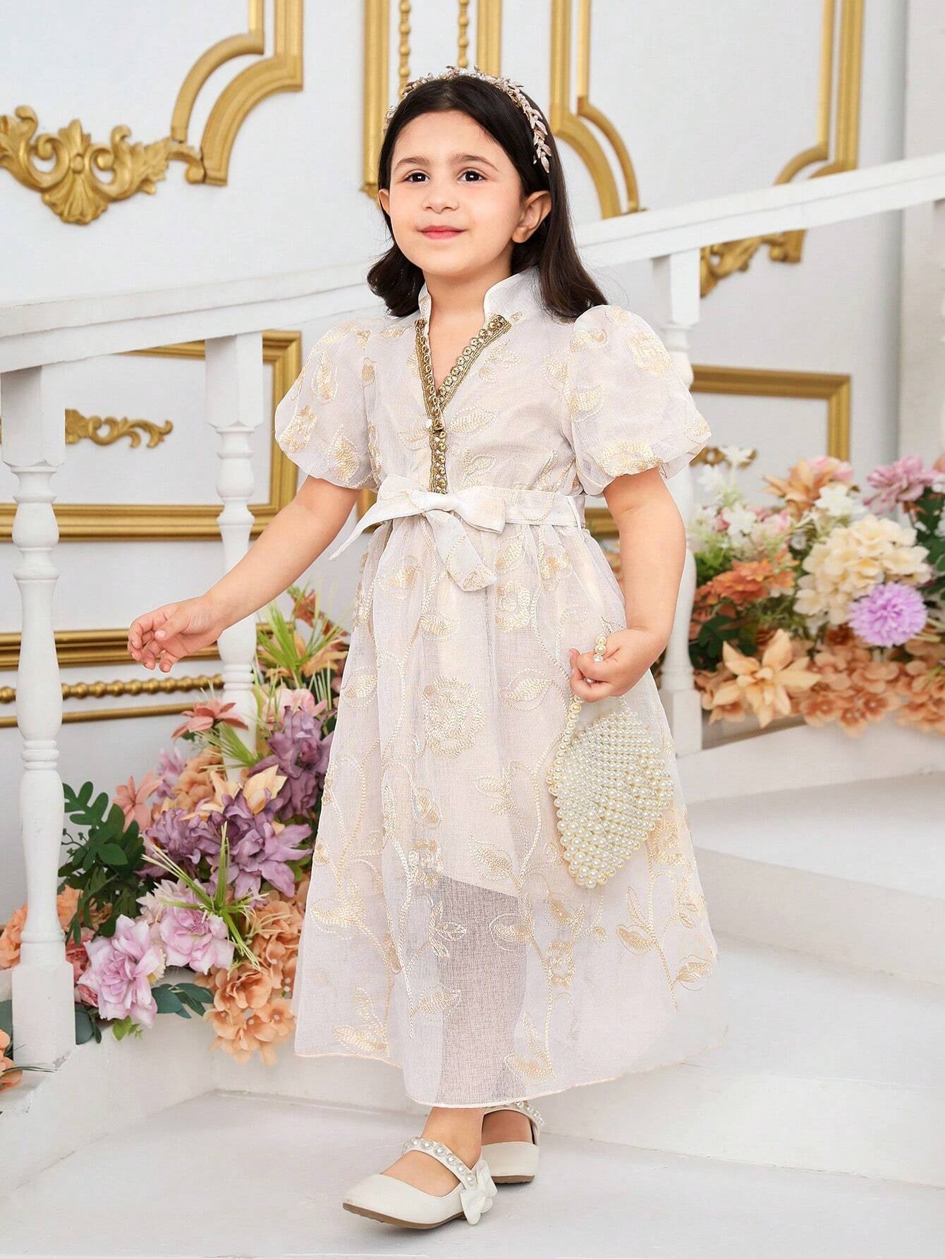 Young Girl'S Elegant Embroidered Lantern Sleeve Long Dress