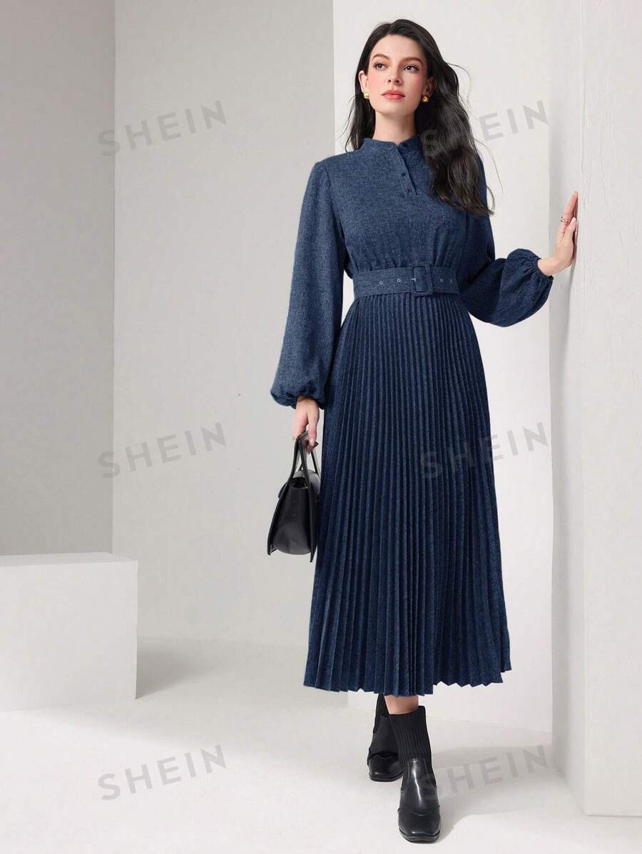 SHEIN Mulvari فستان نسائي بطيات وأكمام واسعة وأزرار