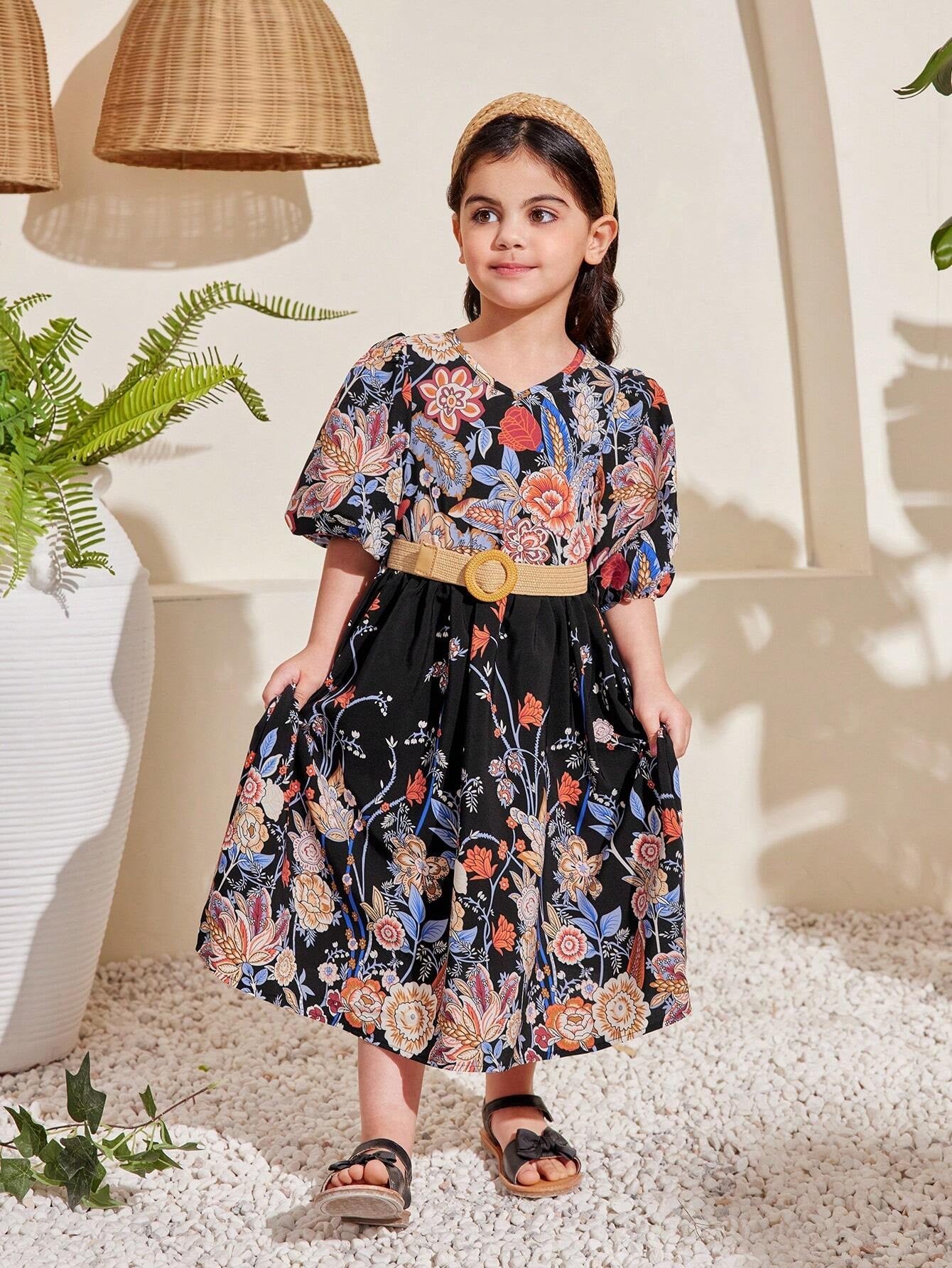 Young Girl Floral Printed V-Neck Puff Sleeve Dress