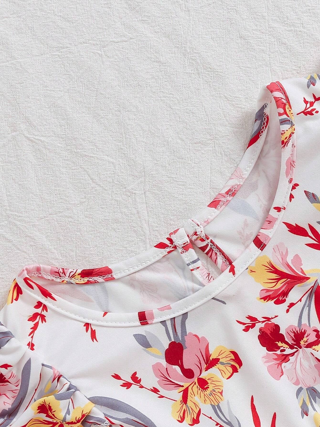Young Girl Floral Print Contrast Mesh A-Line Dress