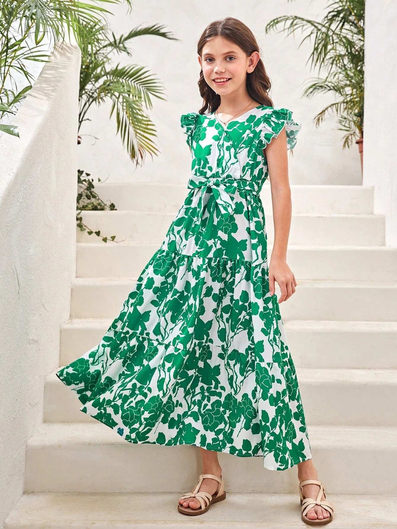 Tween Girls' Elegant Cross V-Neckline Floral Printed Dress with Ruffle Sleeves, Pleated and Tie for Summer
