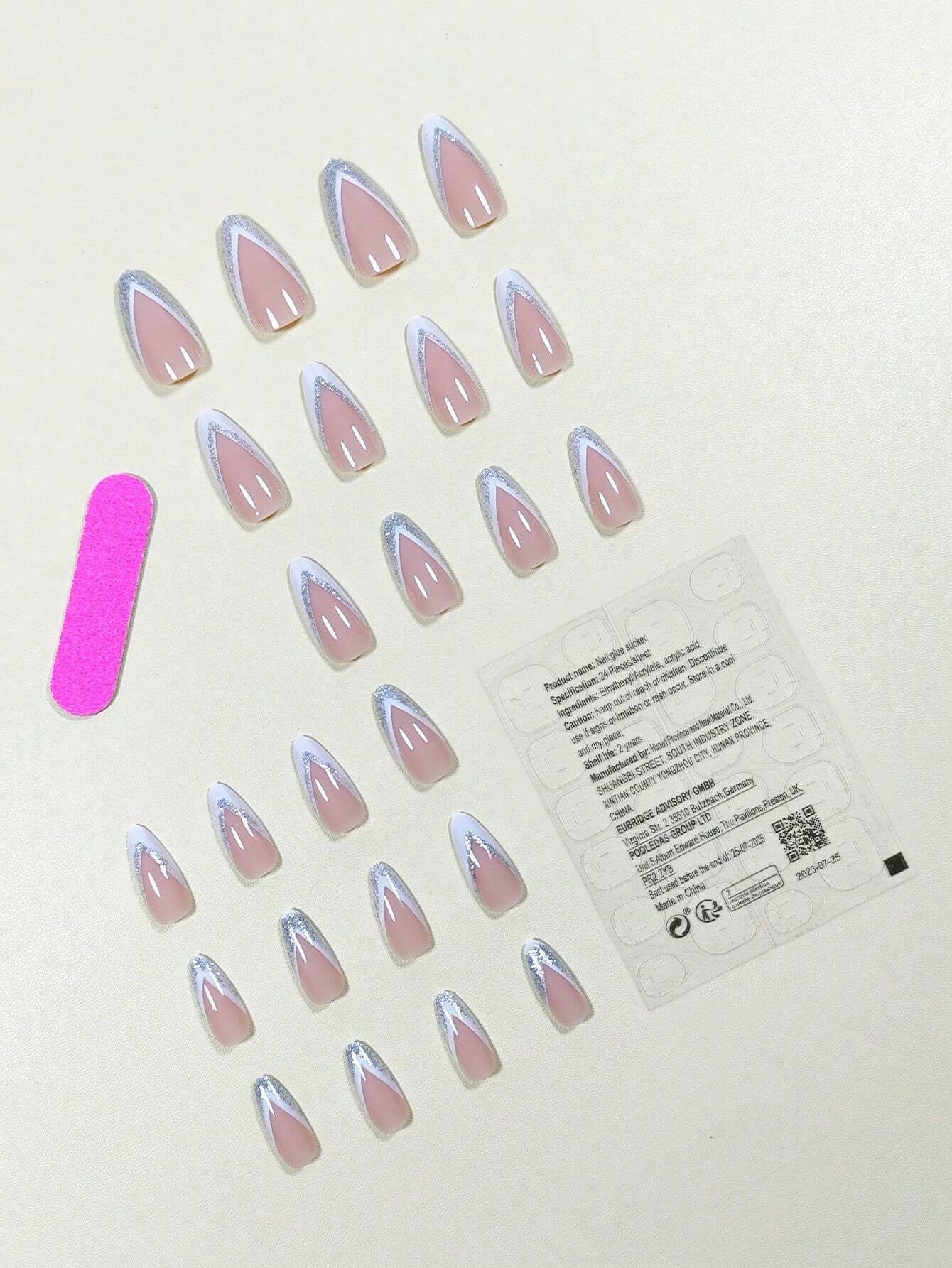 24Pcs/Set Sparkling French Style Almond Shape Medium-Long False Nails for Finger with Adhesive Tabs, Manicure Set