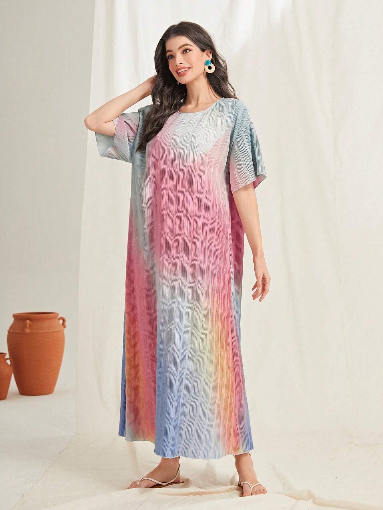 Mulvari Ombre Print Lettuce Trim Dress