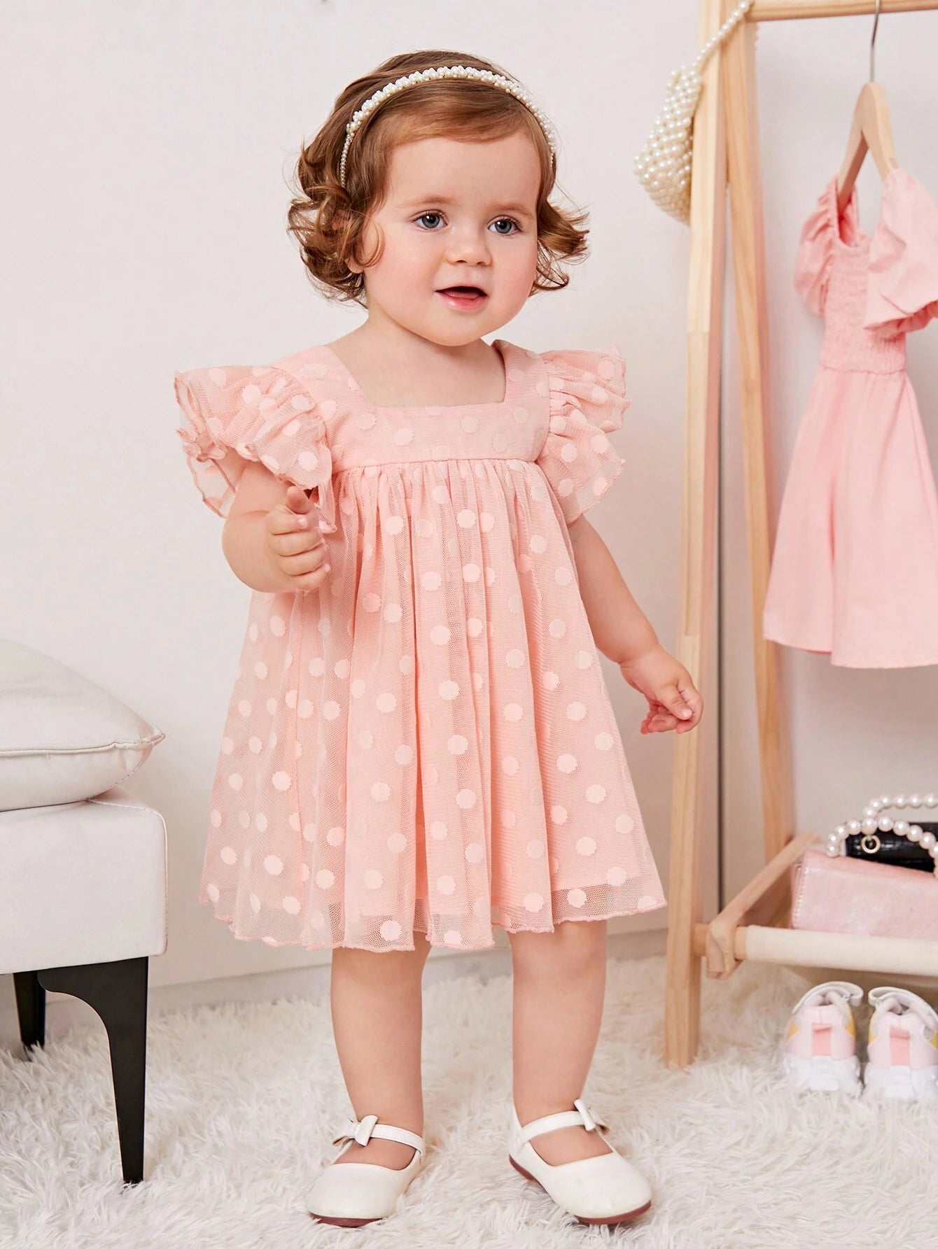 Baby Girl'S Sweet Polka Dot Mesh Dress with Square Neckline and Short Flutter Sleeves