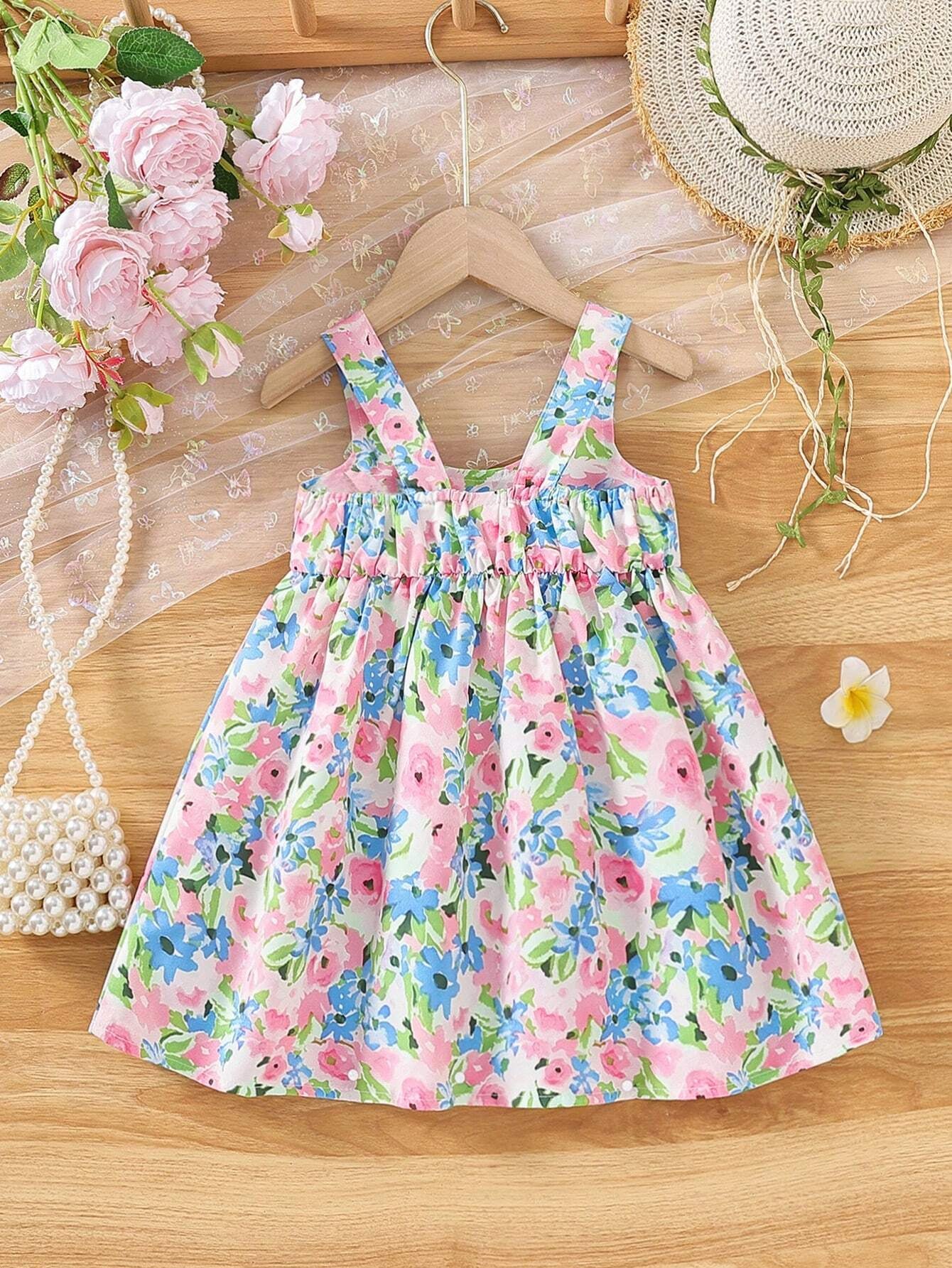 Baby Girls' Summer Sleeveless Dress with Floral Print, Butterfly Bowknot Decor