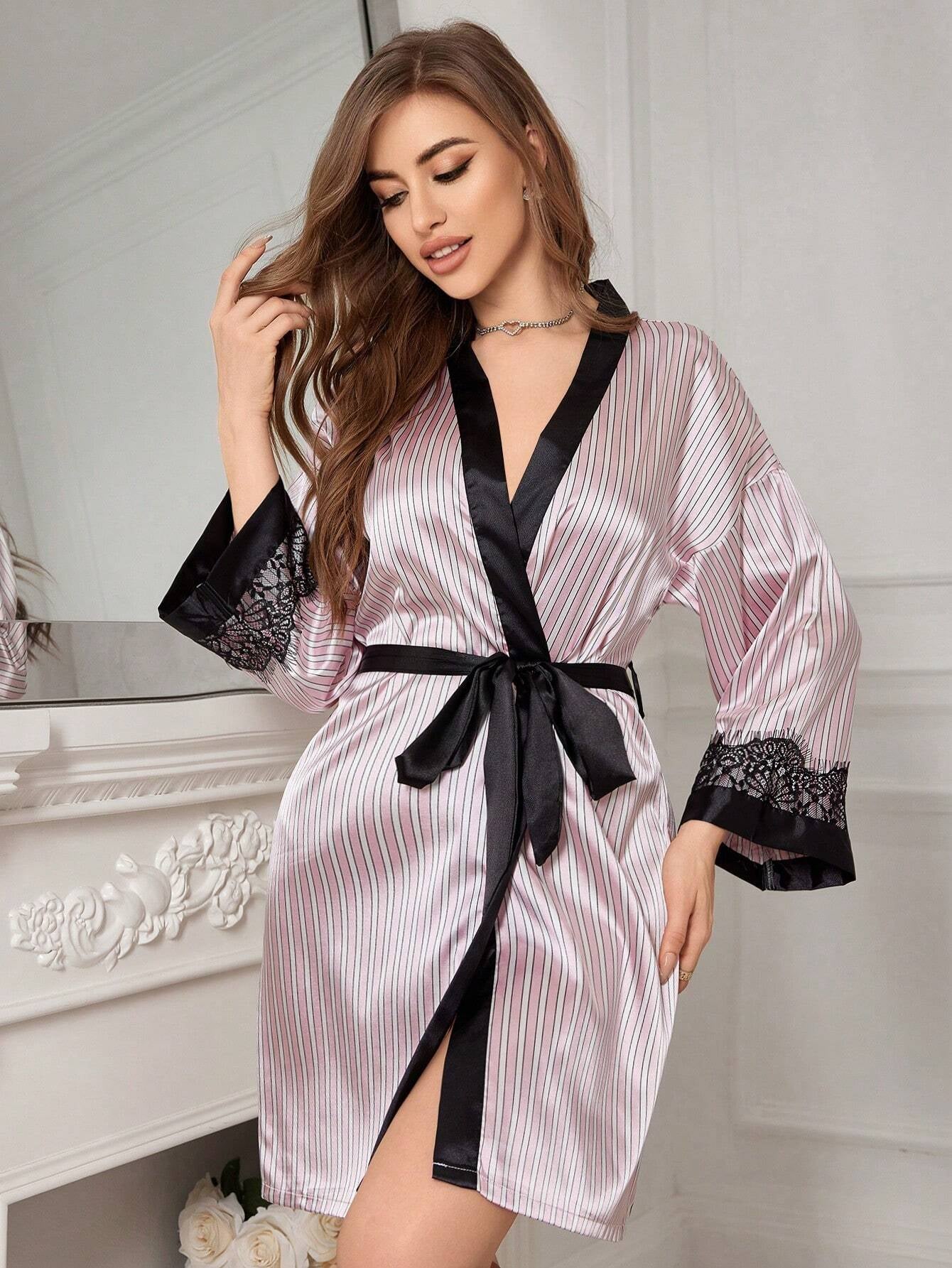 Women'S Striped and Printed Contrast Color Sleepwear with Lace Trim and Waist Belt