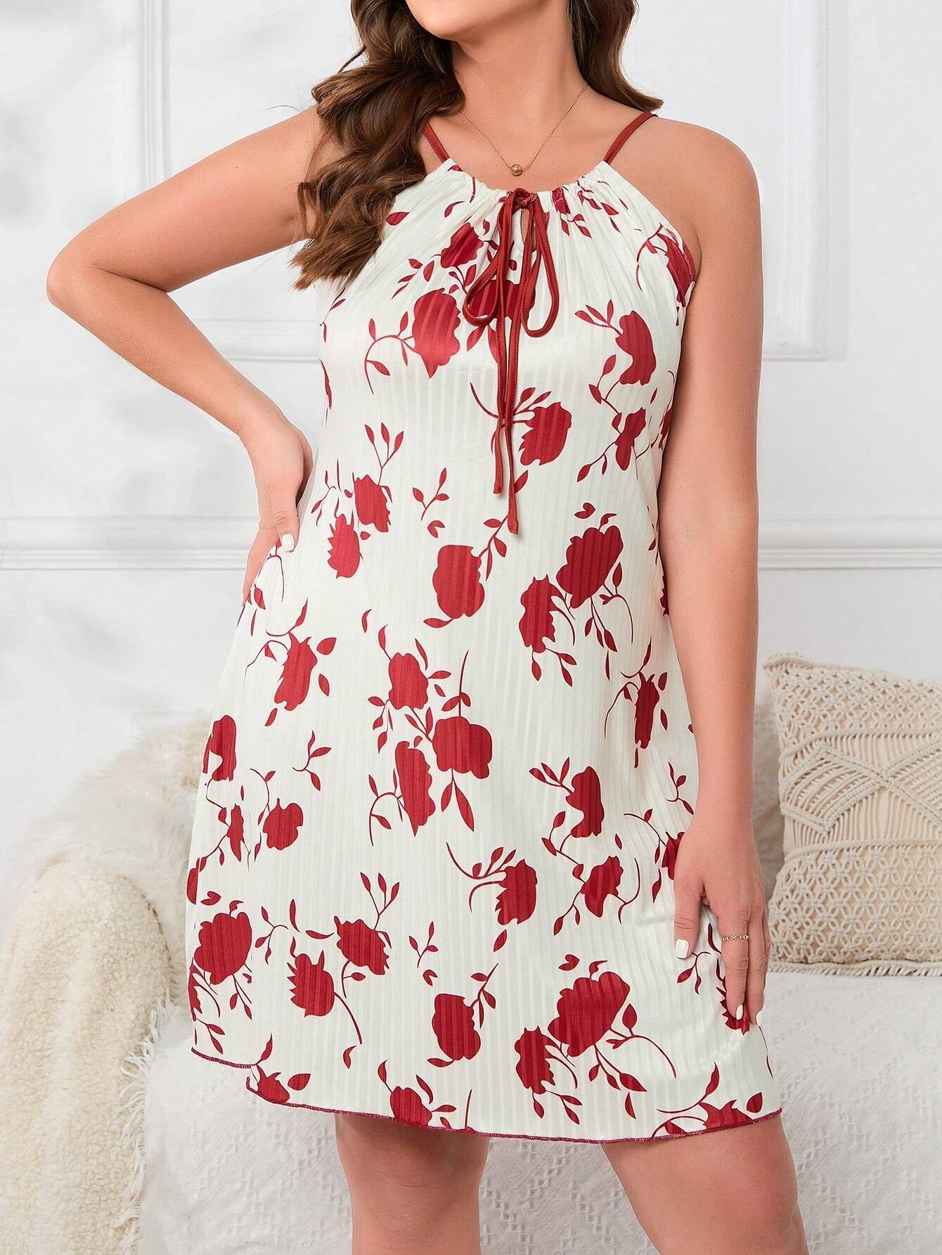 Plus Size Women'S Floral Printed Strappy Sleep Dress